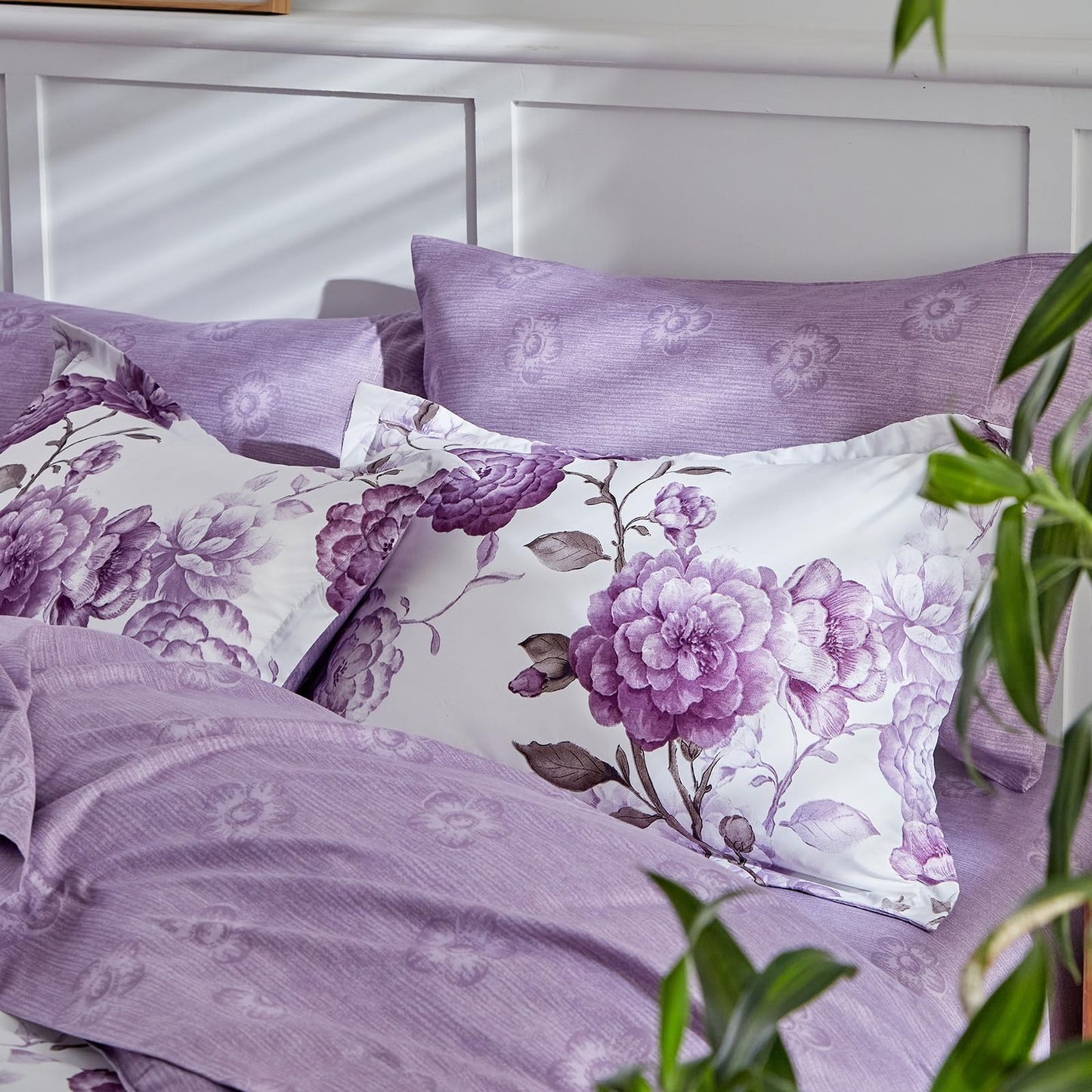 Purple Leaves Bed in a Bag 7 Pieces Floral White Comforter Sheet Set