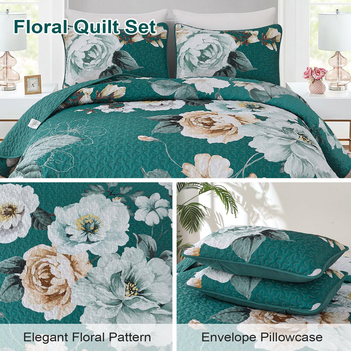 Purple Floral Quilt Set Queen Size, 3 Pieces Botanical Flower Printed