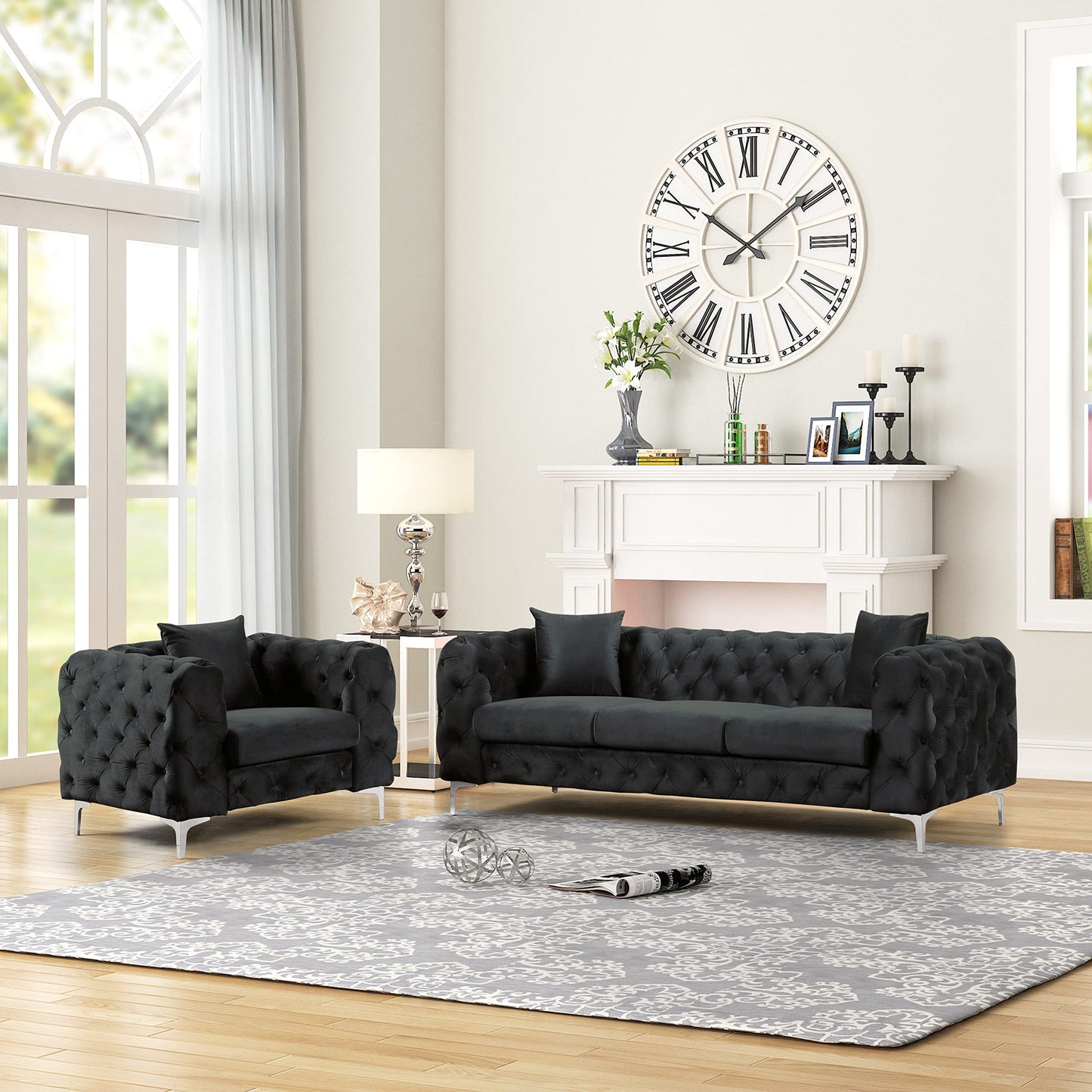 Velvet Couch Black Sofa Upholstered Modern Contemporary Sofa with Deep Button Tufting