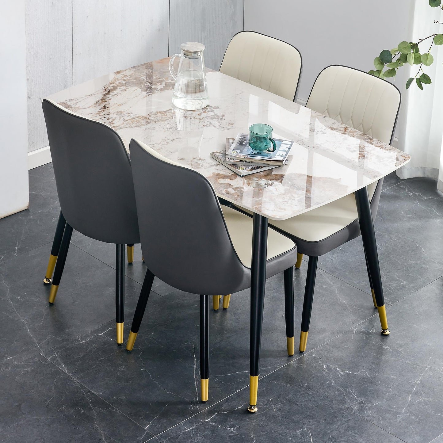 Dining Room Table Set for 4,Sintered Stone Kitchen Table Top and Modern Chairs