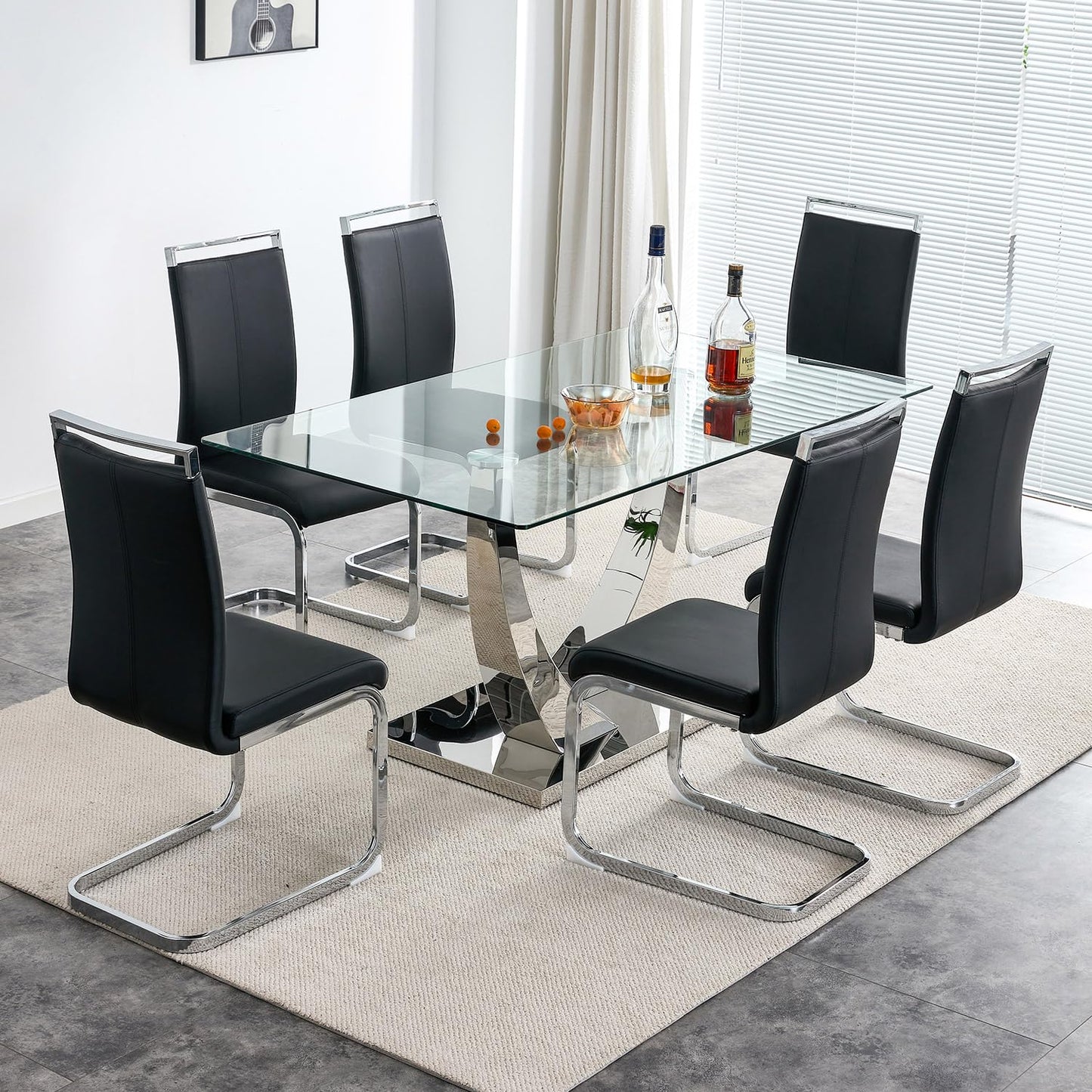 63” Dining Room Table Set for 6,Rectangle kitchen Table Set with Leather Chairs