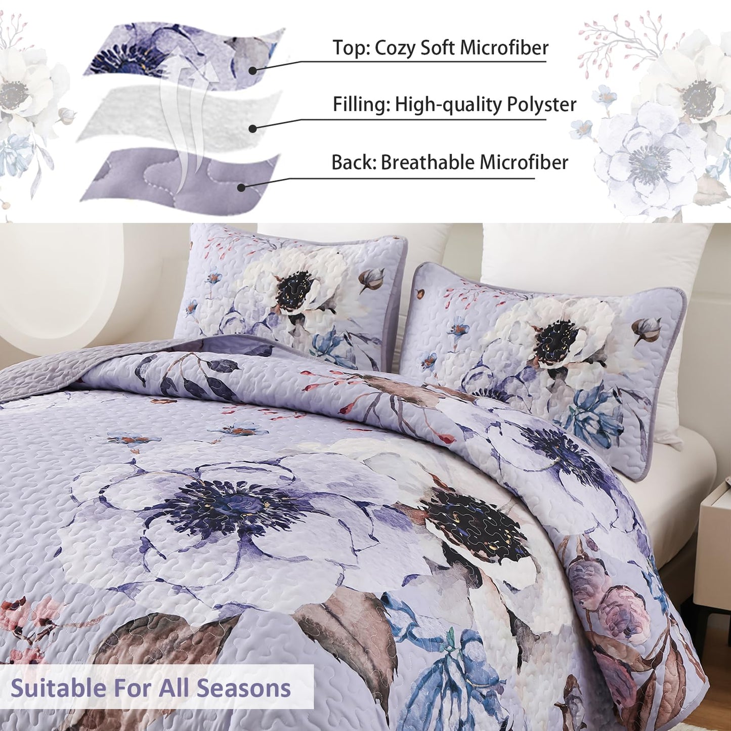 Purple Floral Quilt Set Queen Size, 3 Pieces Botanical Flower Printed