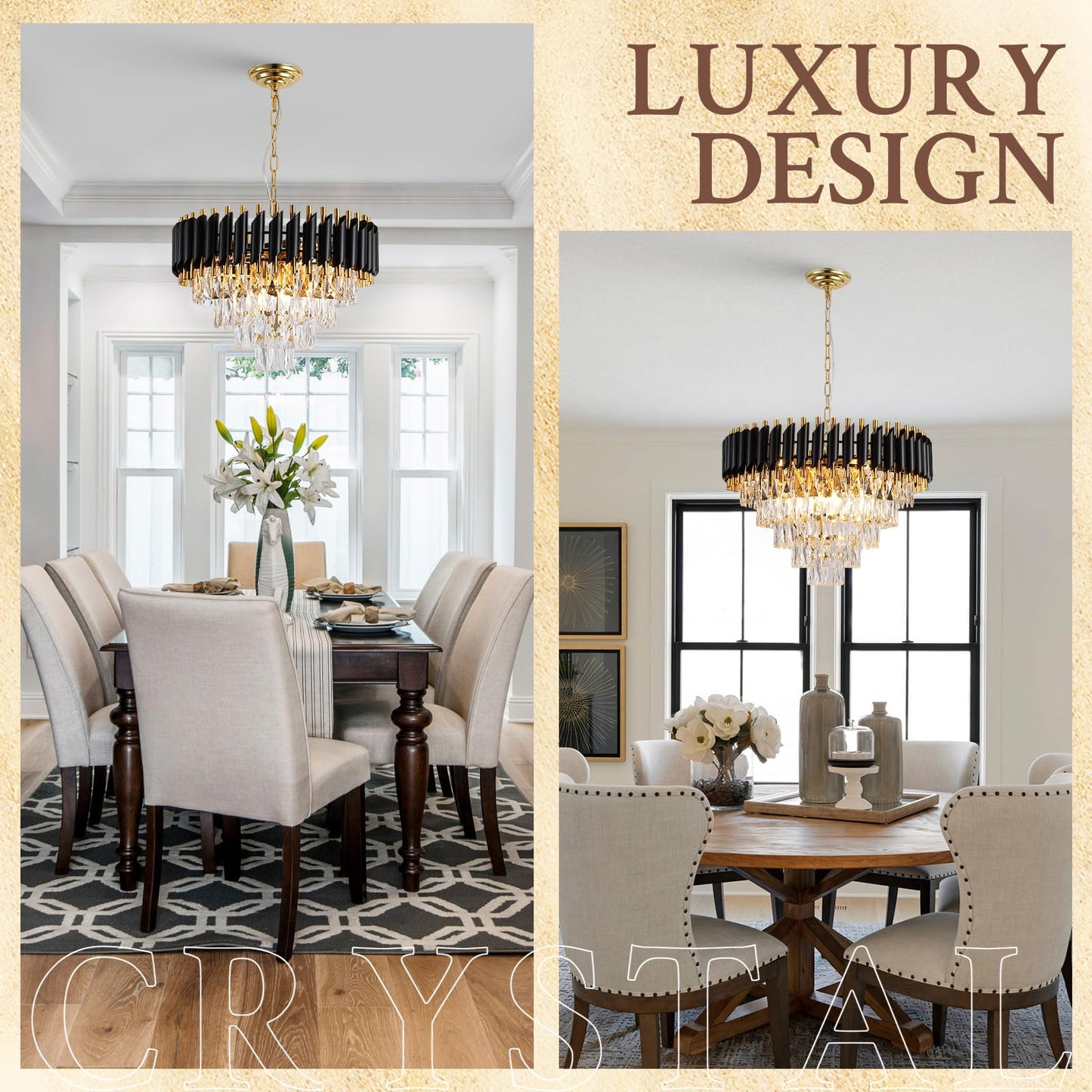 Modern Crystal Chandelier, 20’’ Black and Gold 4 Tiers Crystal