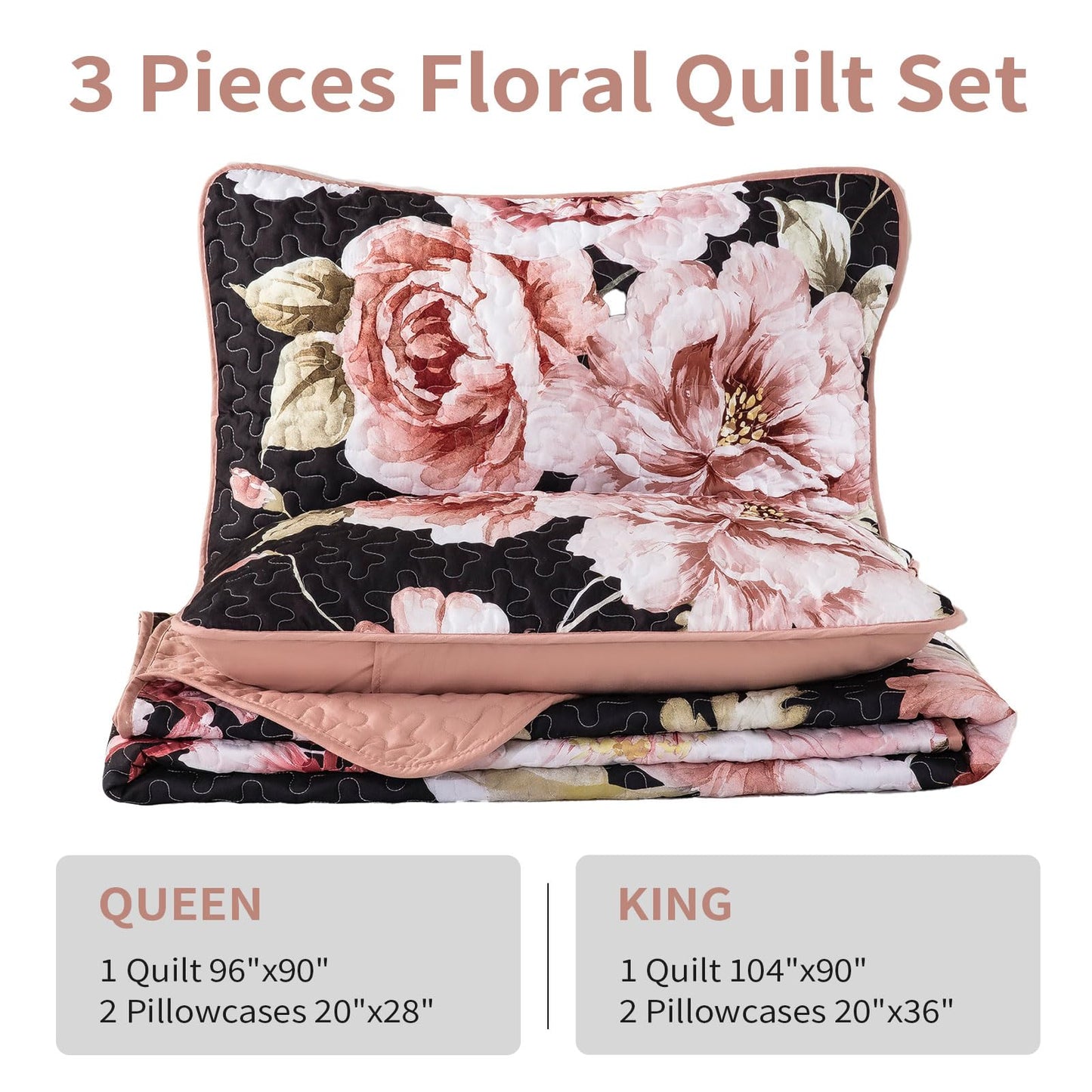 Purple Floral Quilt Set Queen Size, 3 Pieces Botanical Flower Printed