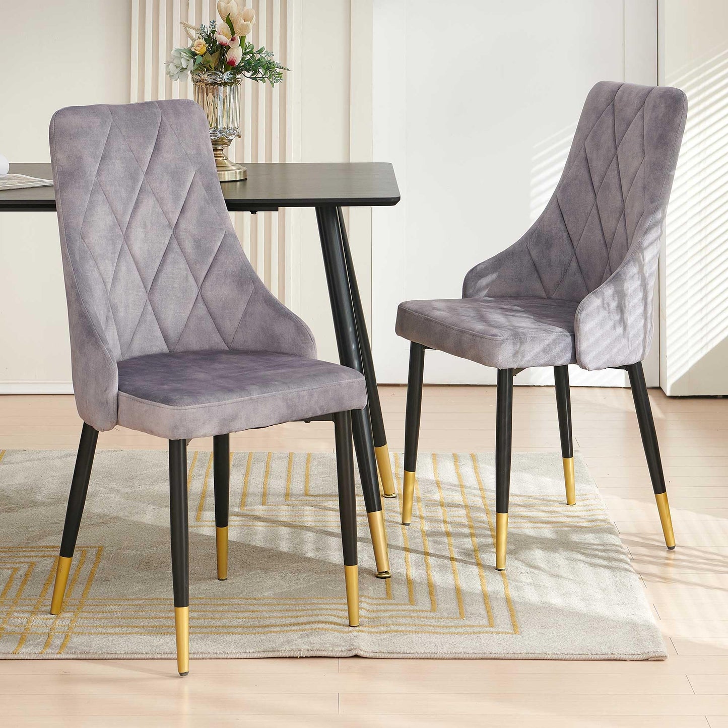 Kitchen Table and Chairs Set, Grey Glass Round Table with Metal Legs, 4 Chairs