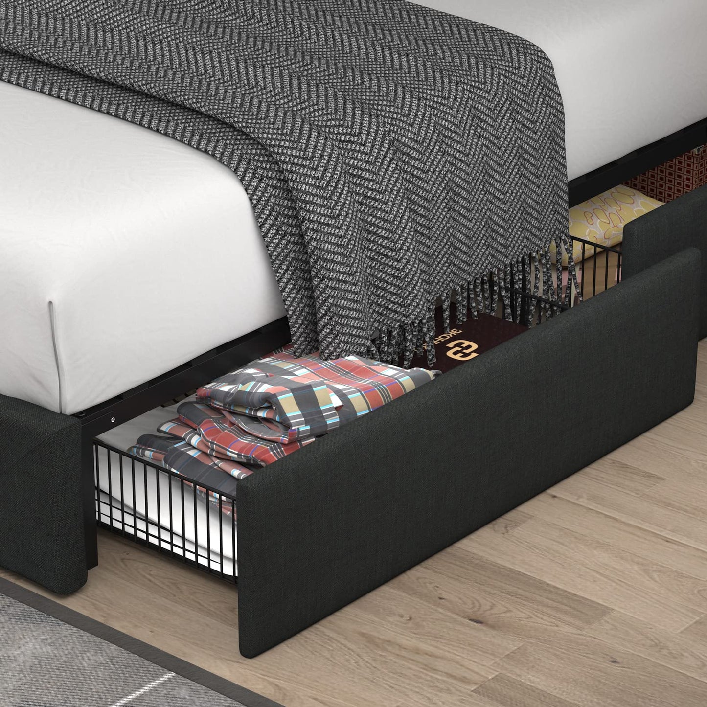 Upholstered Platform Bed Frame with 4 Storage Drawers and Headboard