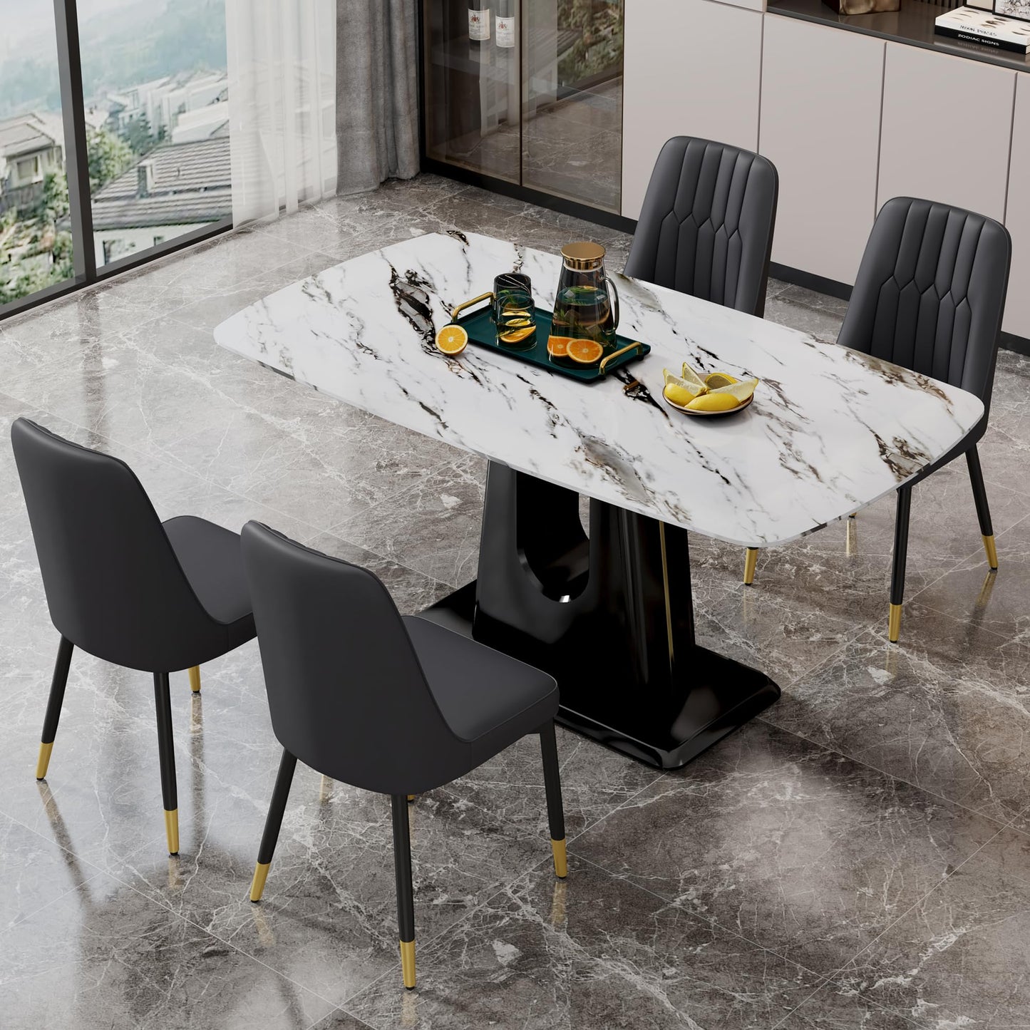 Dining Table Set for 6, White Faux Marble Pattern Table with 6 Modern Dining Chairs