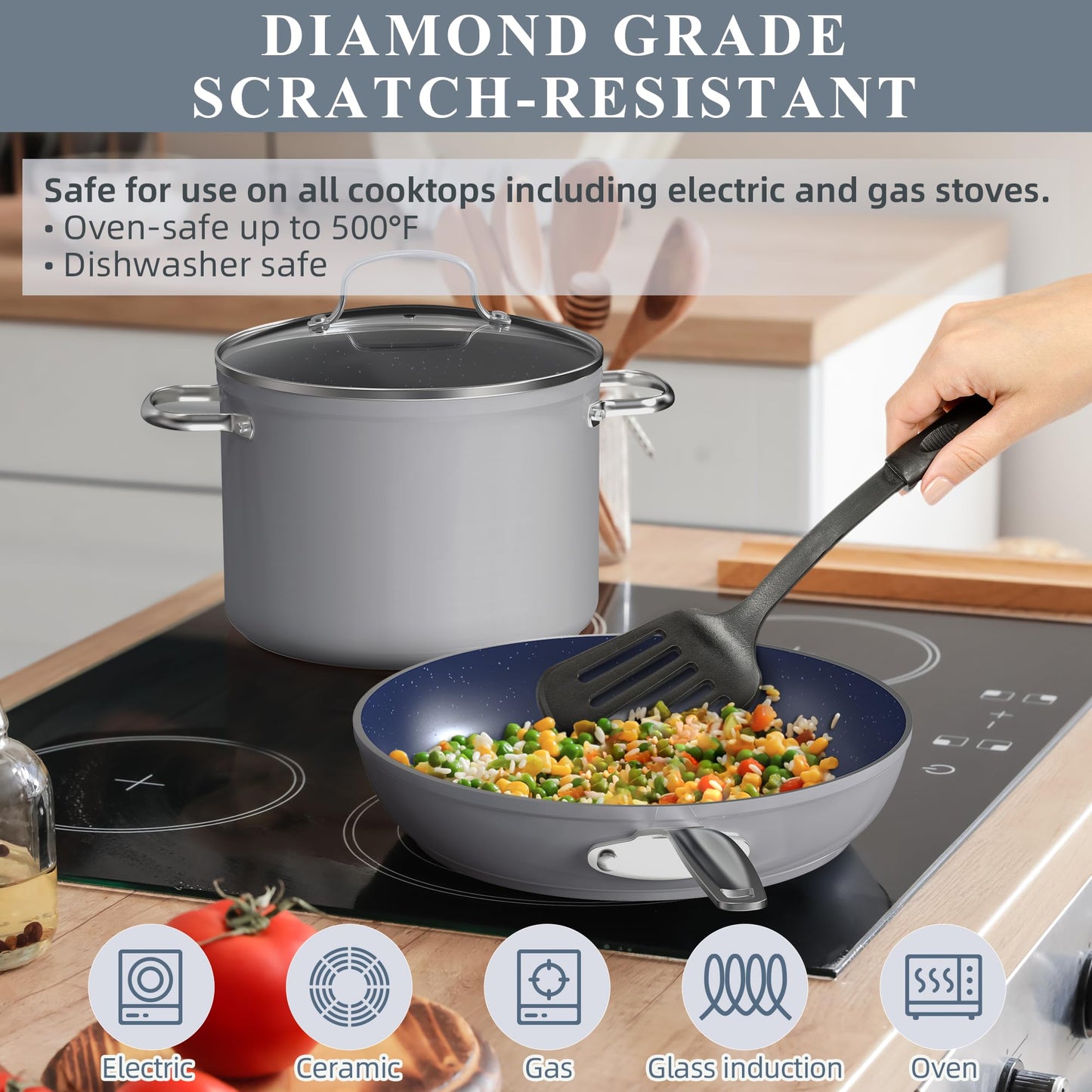 Ceramic Nonstick Cookware Set, Diamond Infused Scratch-Resistant