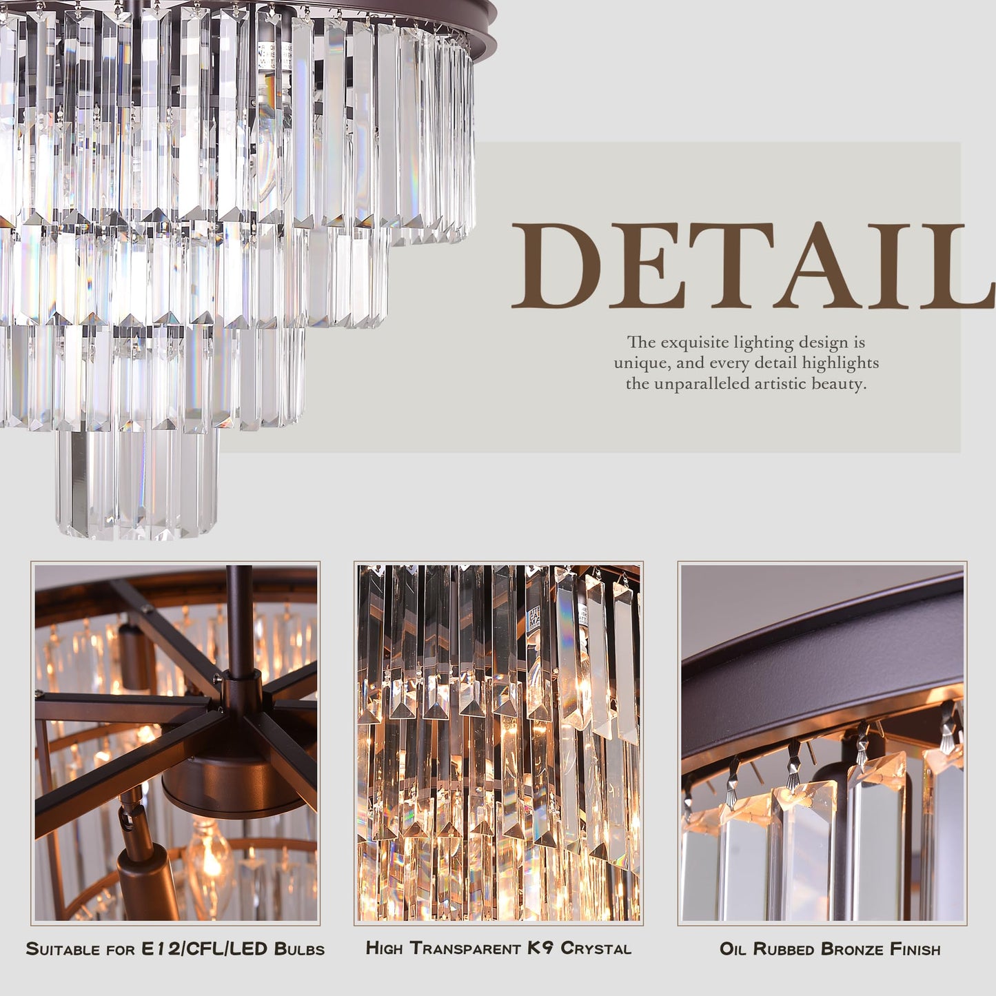 Luxury Smoke Crystal Chrome Chandelier, 8 Lights Pendant