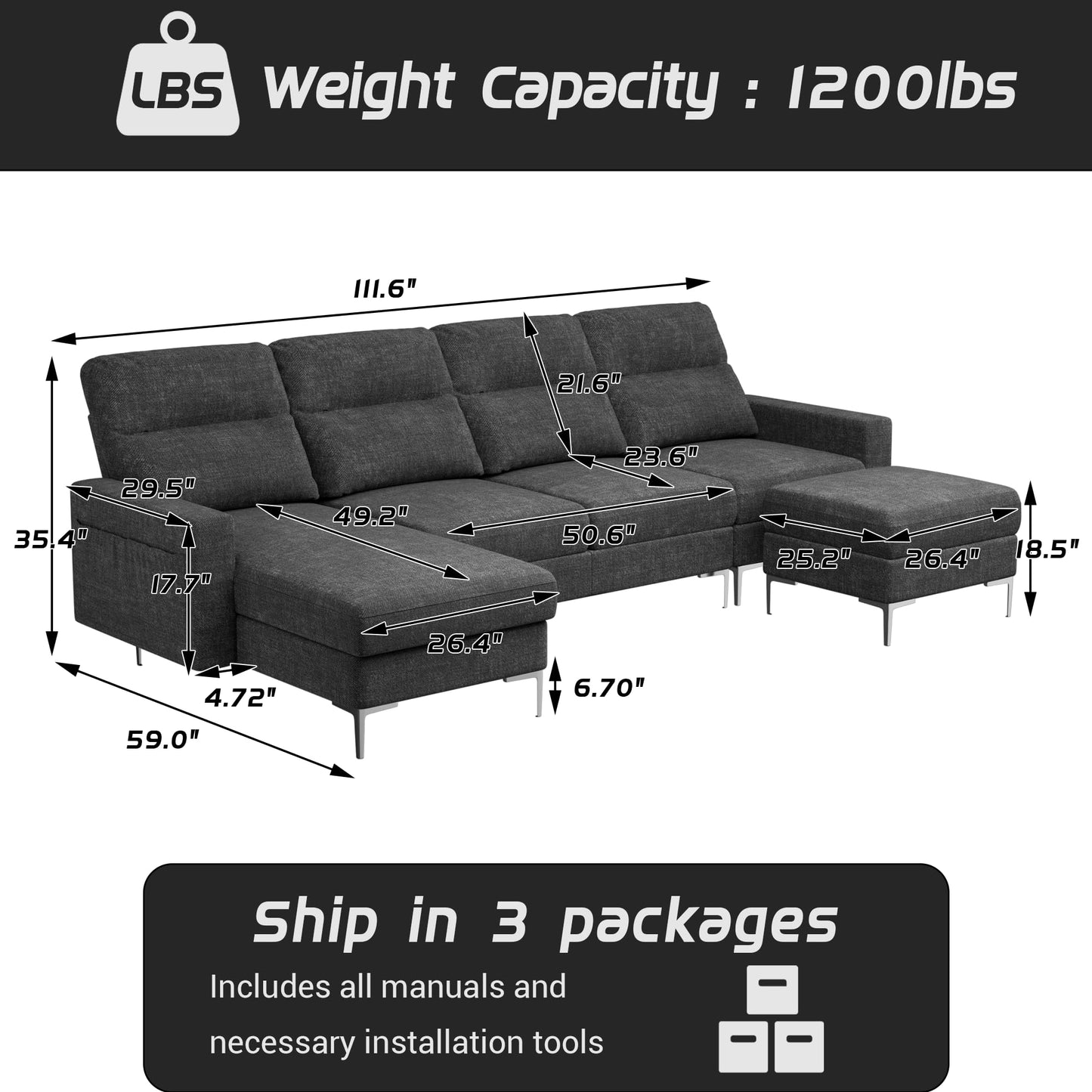 Convertible Sectional Sofa Couch, 4 Seat Sofa Set for Living Room