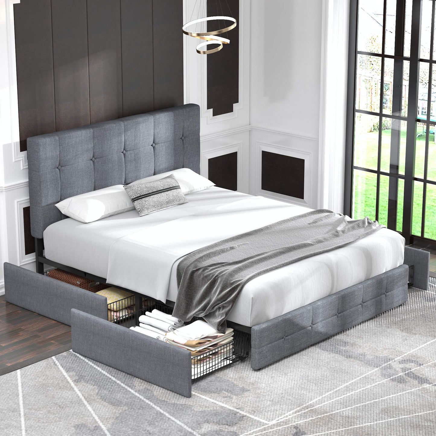 Upholstered Platform Bed Frame with 4 Storage Drawers and Headboard