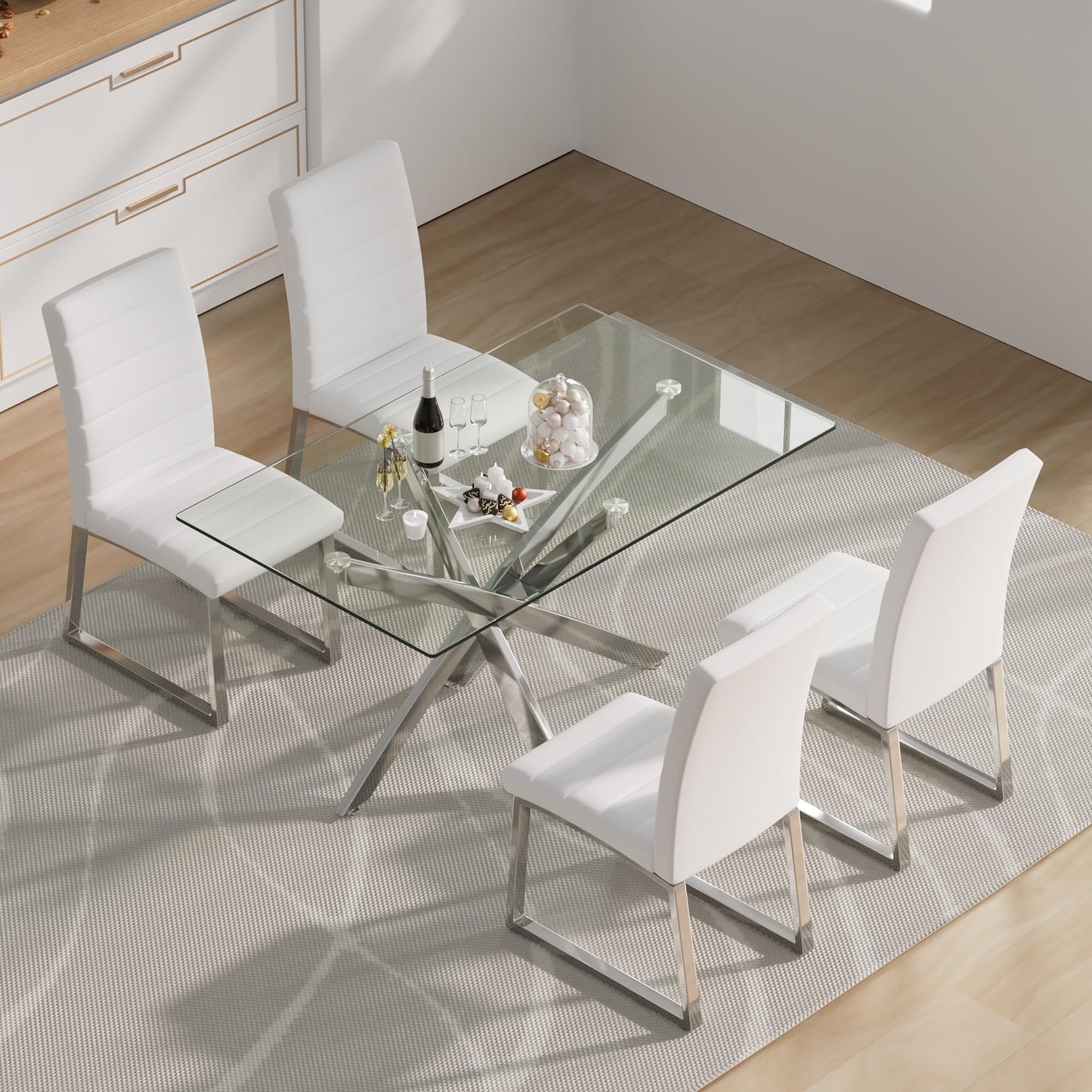 5 Piece Round Glass Dining Table Table Set, Round Glass with 4 PU Dining Chairs