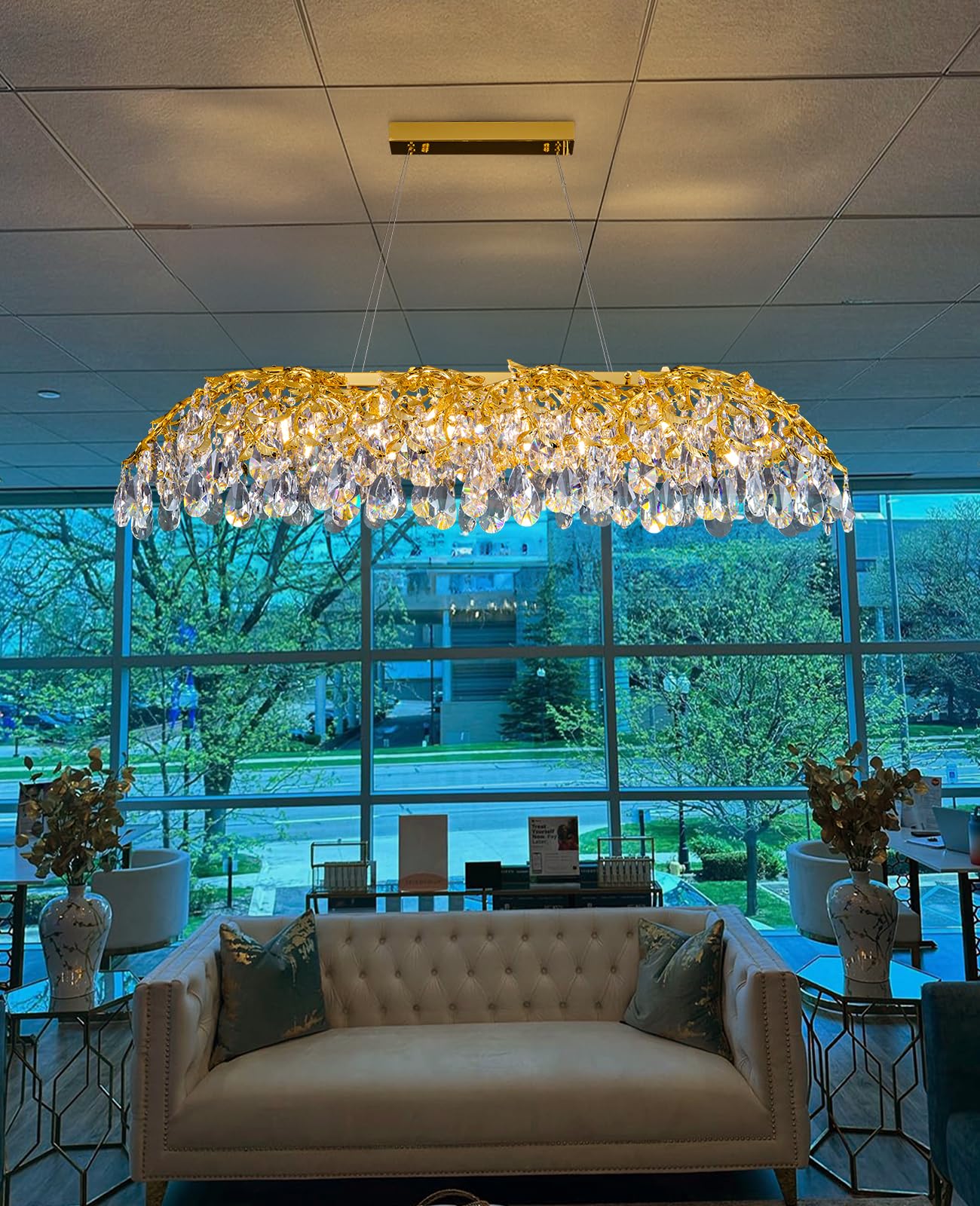 Modern Crystal Chandelier, Gold Pendant Flower Hanging Lighting