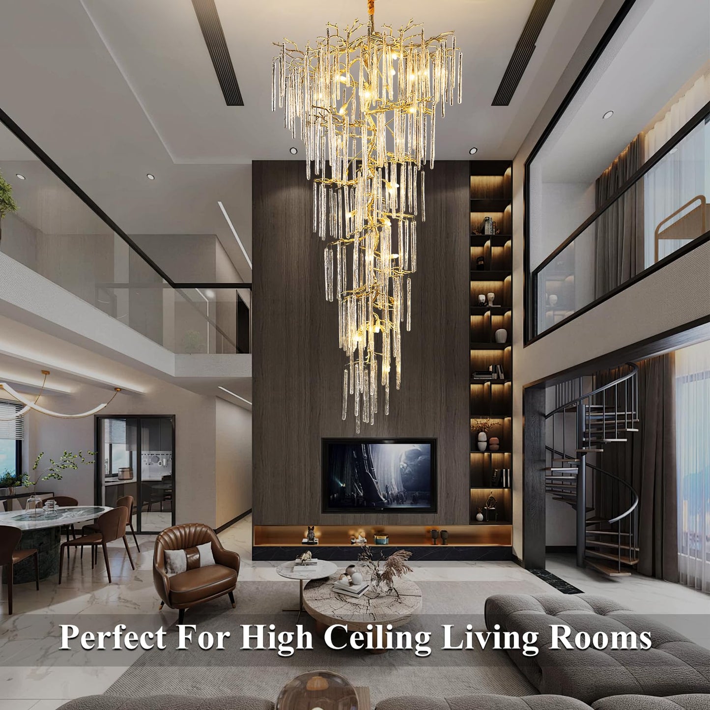 H134'' Modern Crystal Tree Branch Chandelier, Foyer High Ceiling Chandelier