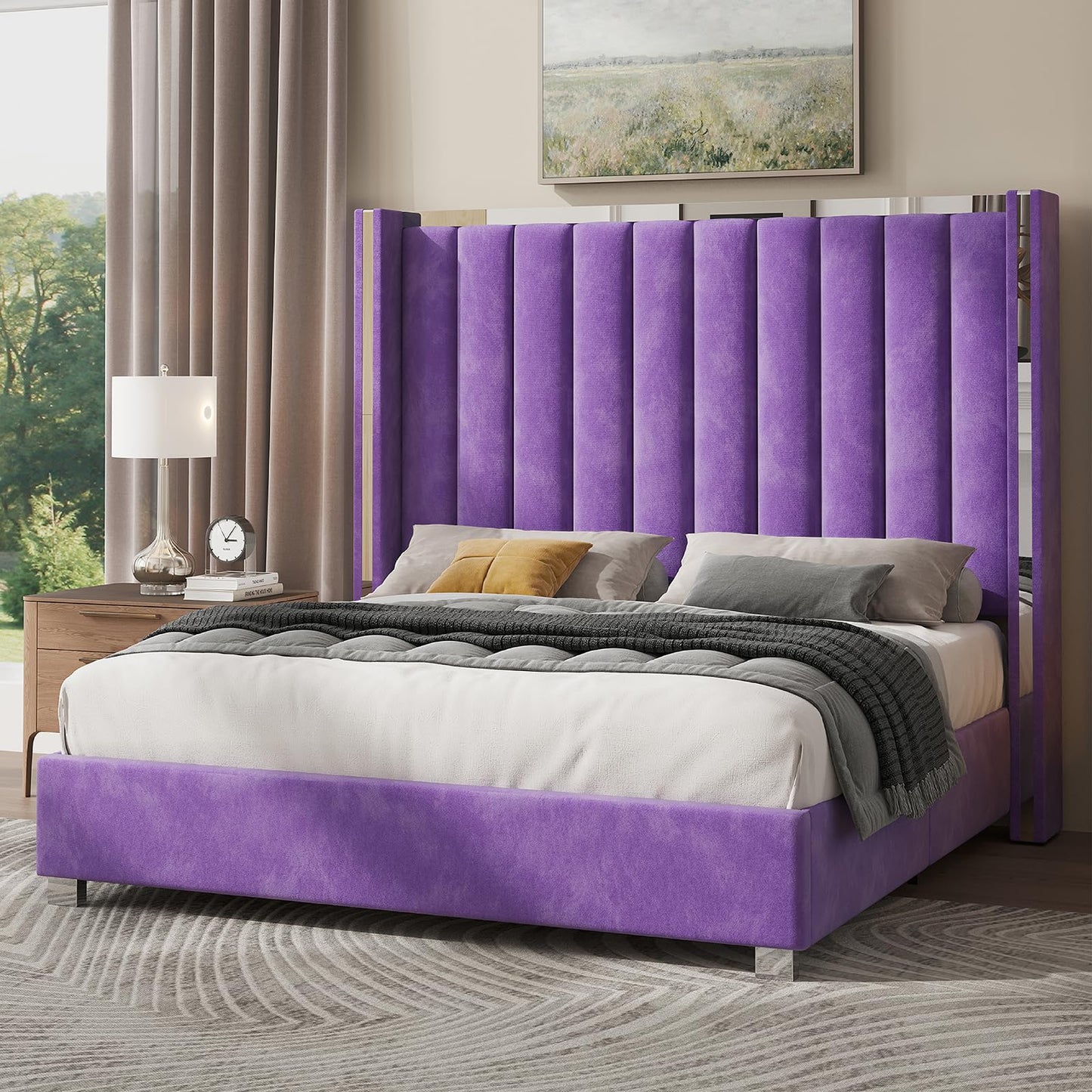 58" Tall Headboard, Velvet Upholstered Platform Bed with Channel Tufted Wingback