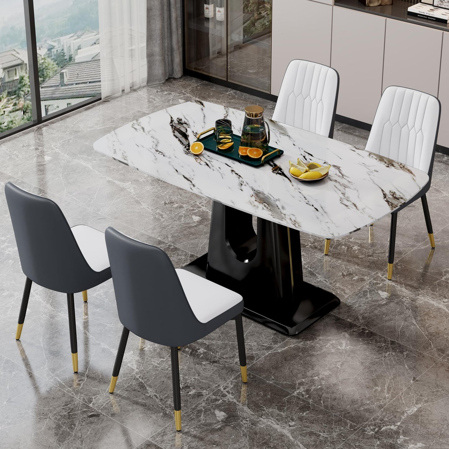 Dining Table Set for 6, White Faux Marble Pattern Table with 6 Modern Dining Chairs