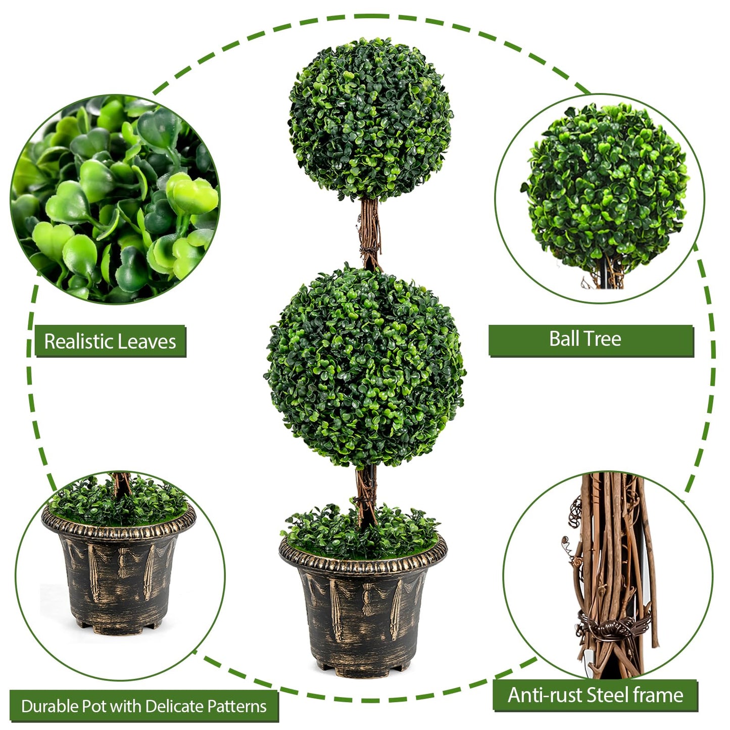 4ft 2 Pack Artificial Boxwood Topiary Tree, Fake Greenery Plants Ball Tree