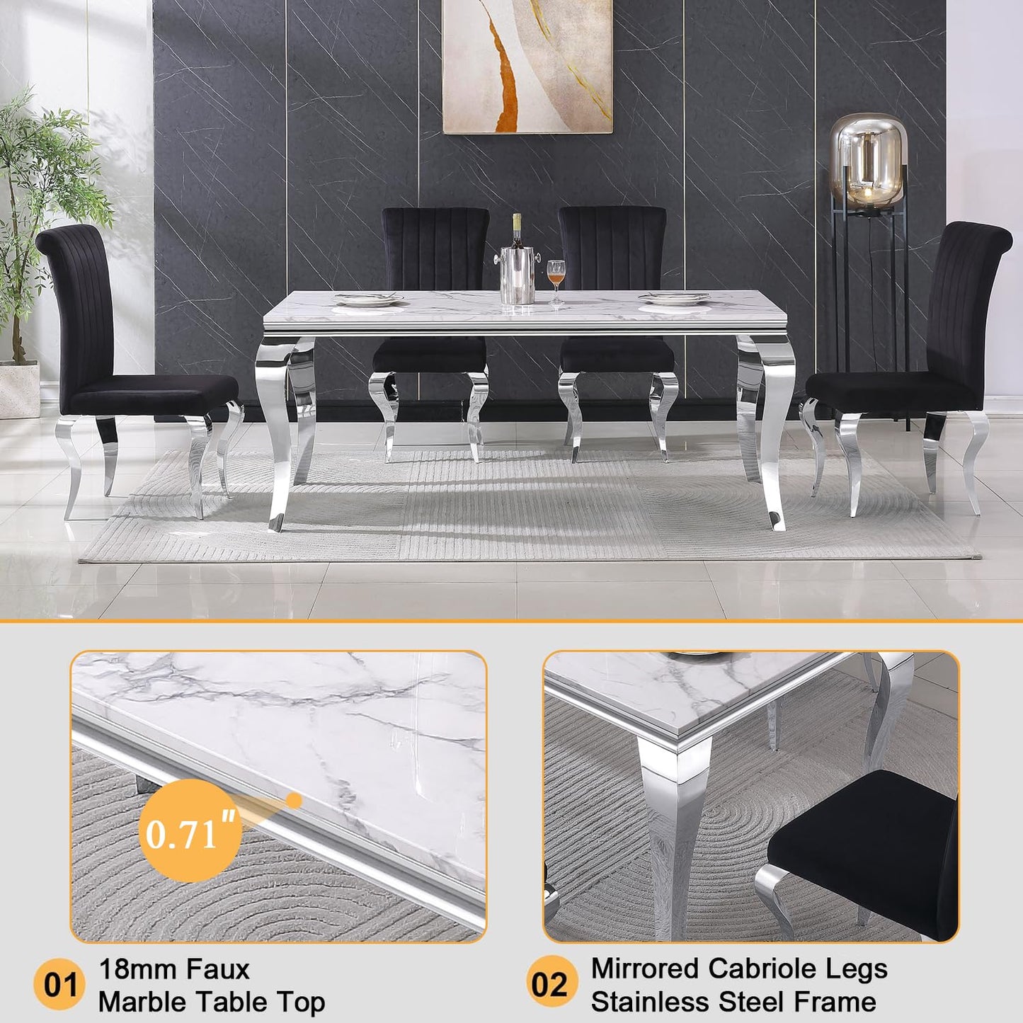 70 Inch White Marble Kitchen Table with Gold Mirrored Cabriole Legs