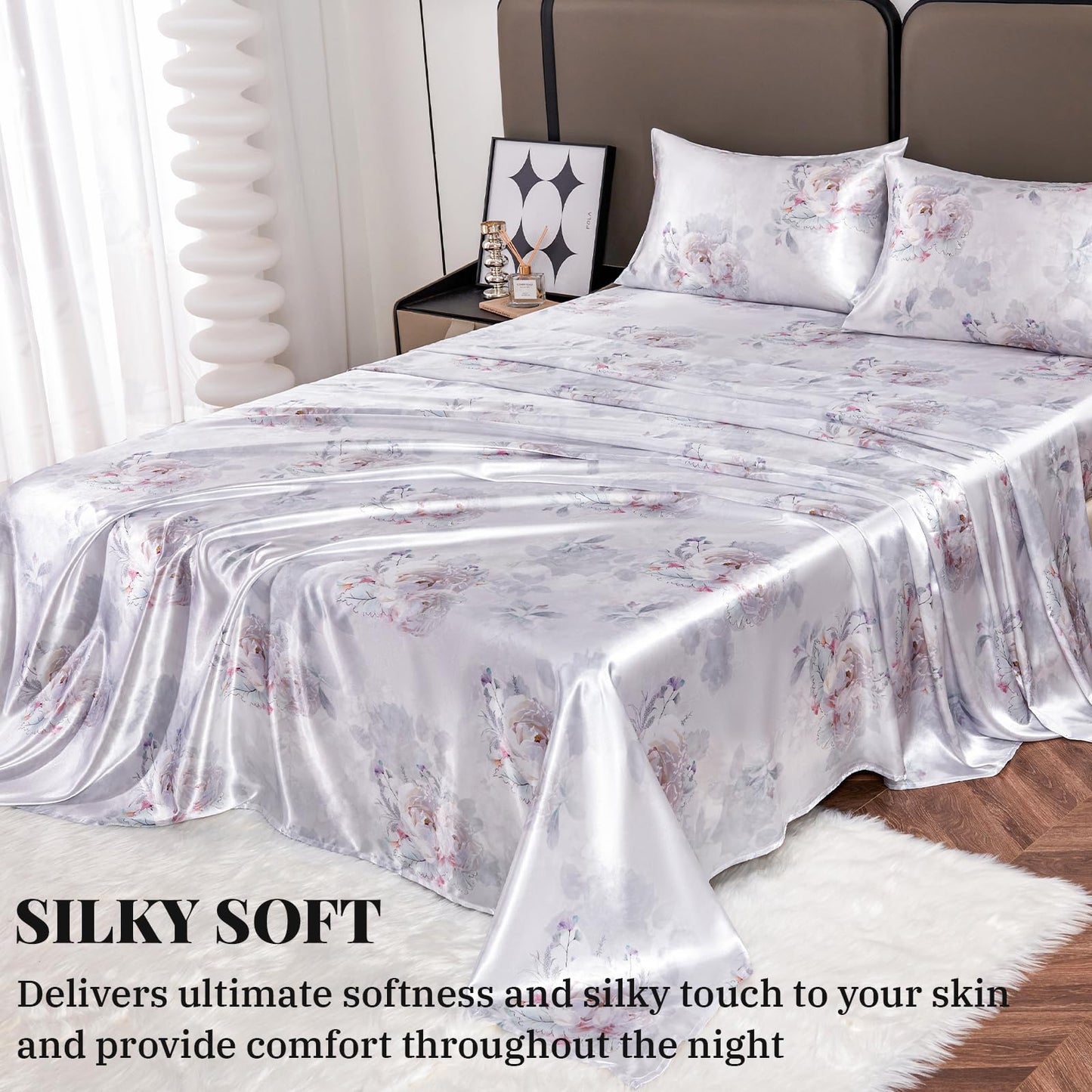 Floral Print - Luxurious Silky Feel Queen Sheet Set - Elegant Smooth Satin Bed Sheets