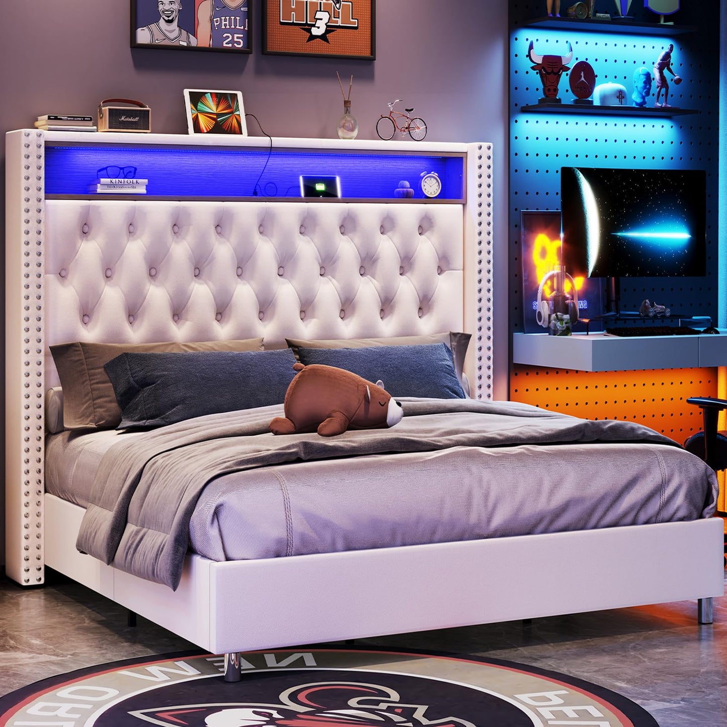 LED King Size Bed Frame and Headboard with Charging Station Velvet Upholstered