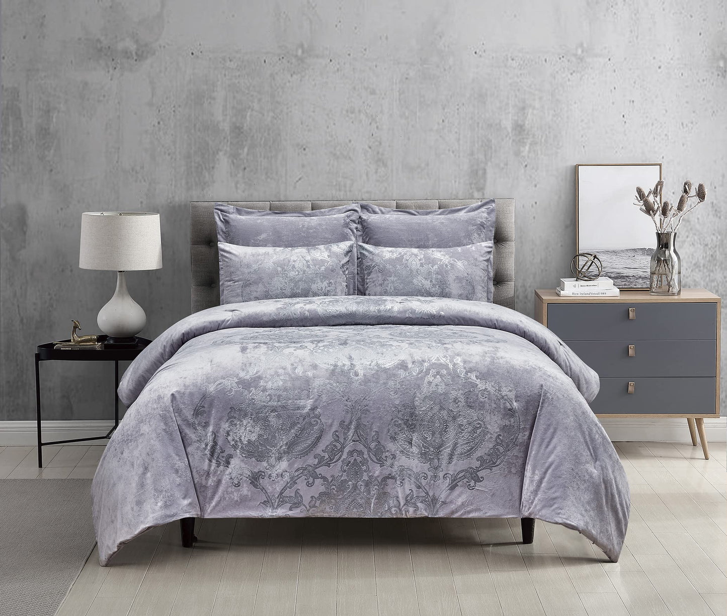 Metallic Print Comforter Set, Distressed Velvet Face with Metallic Print