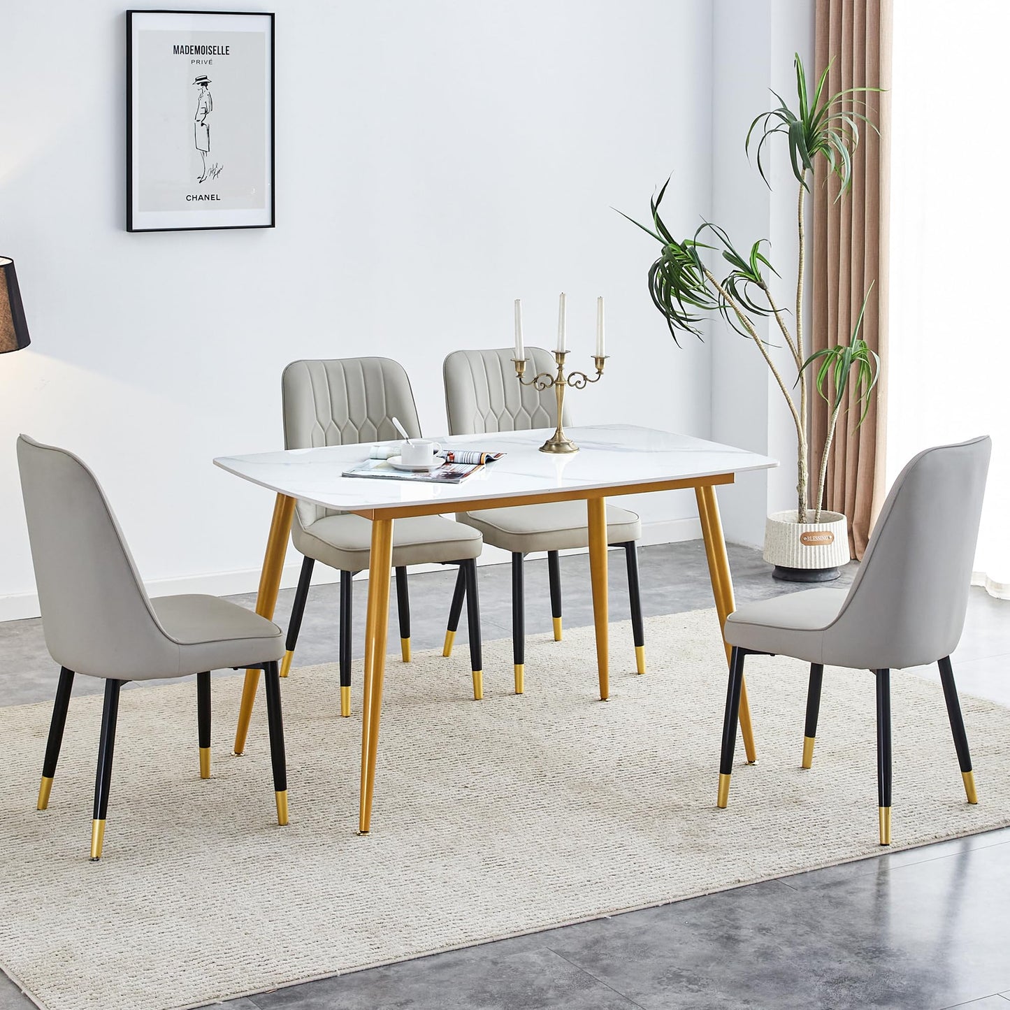 Dining Room Table Set for 4,Sintered Stone Kitchen Table Top and Modern Chairs