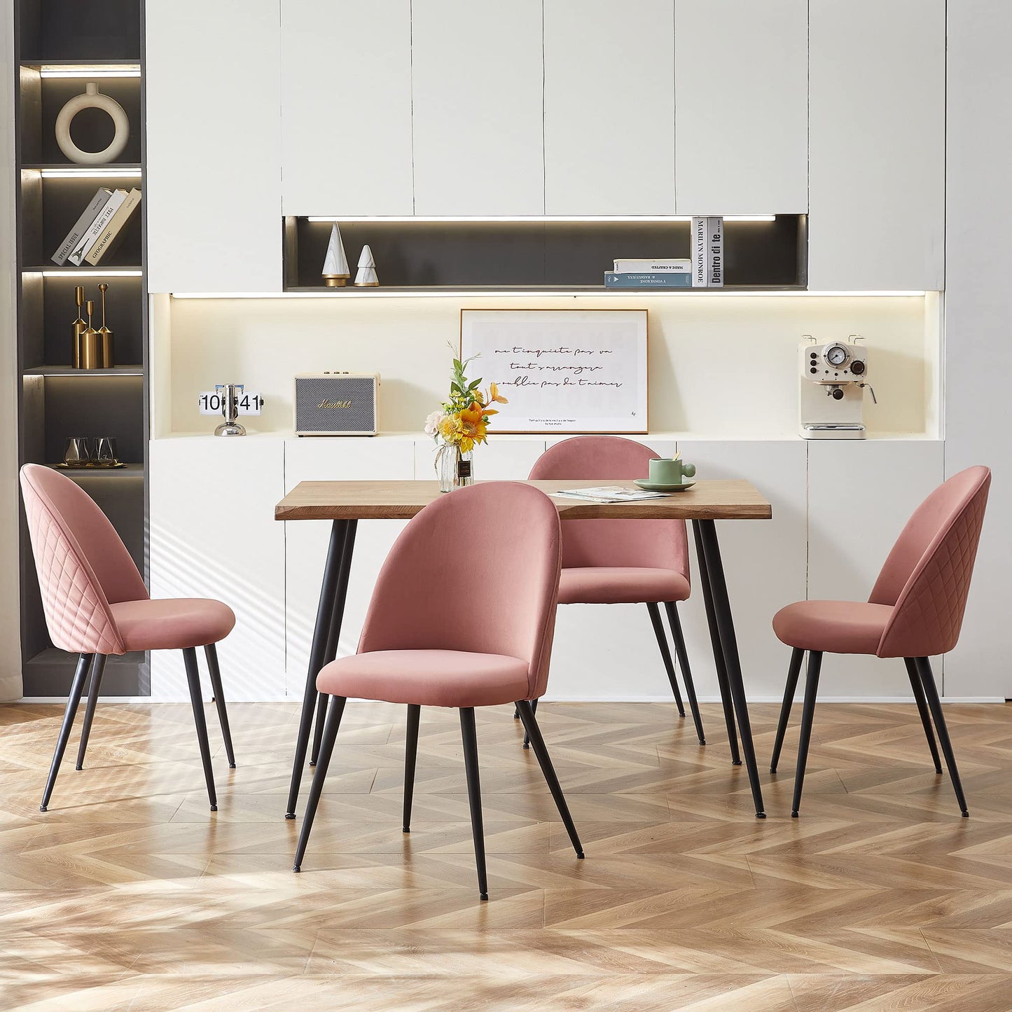 Modern Dining Table Set for 4 with Upholstered Dining Chairs Velvet