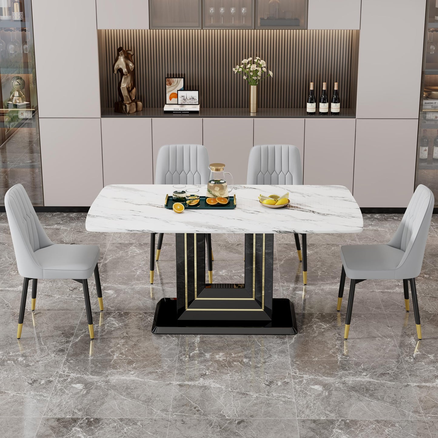 Dining Table Set for 6, White Faux Marble Pattern Table with 6 Modern Dining Chairs