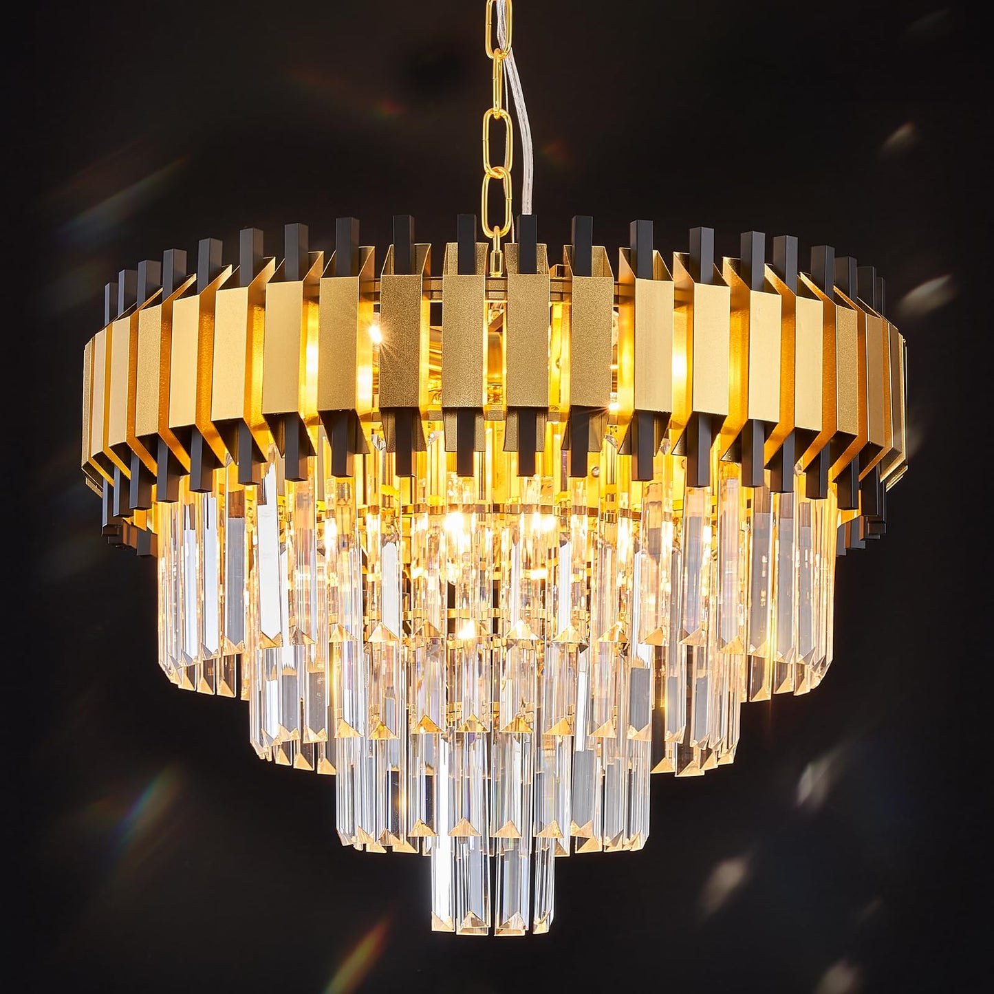 Modern Crystal Chandelier, 20’’ Black and Gold 4 Tiers Crystal