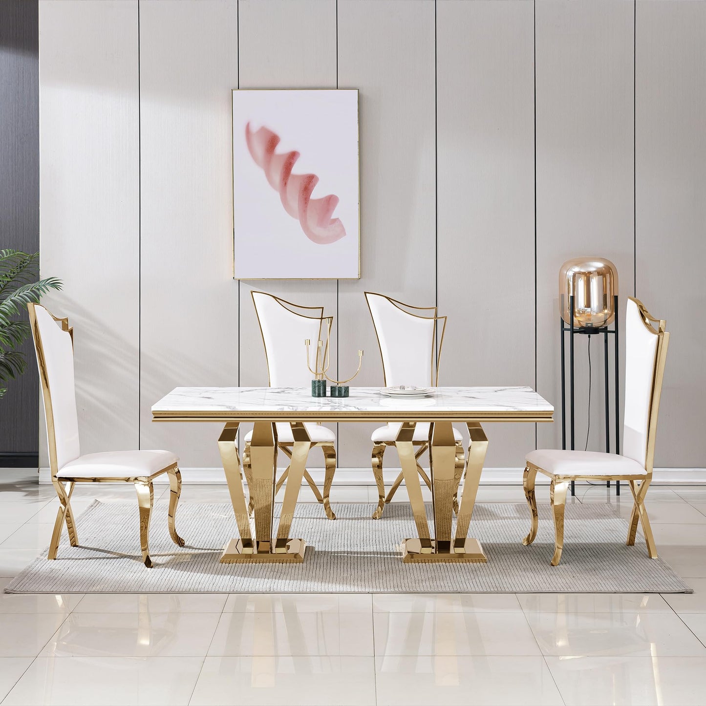 70 Inch White Marble Kitchen Table with Gold Mirrored Cabriole Legs