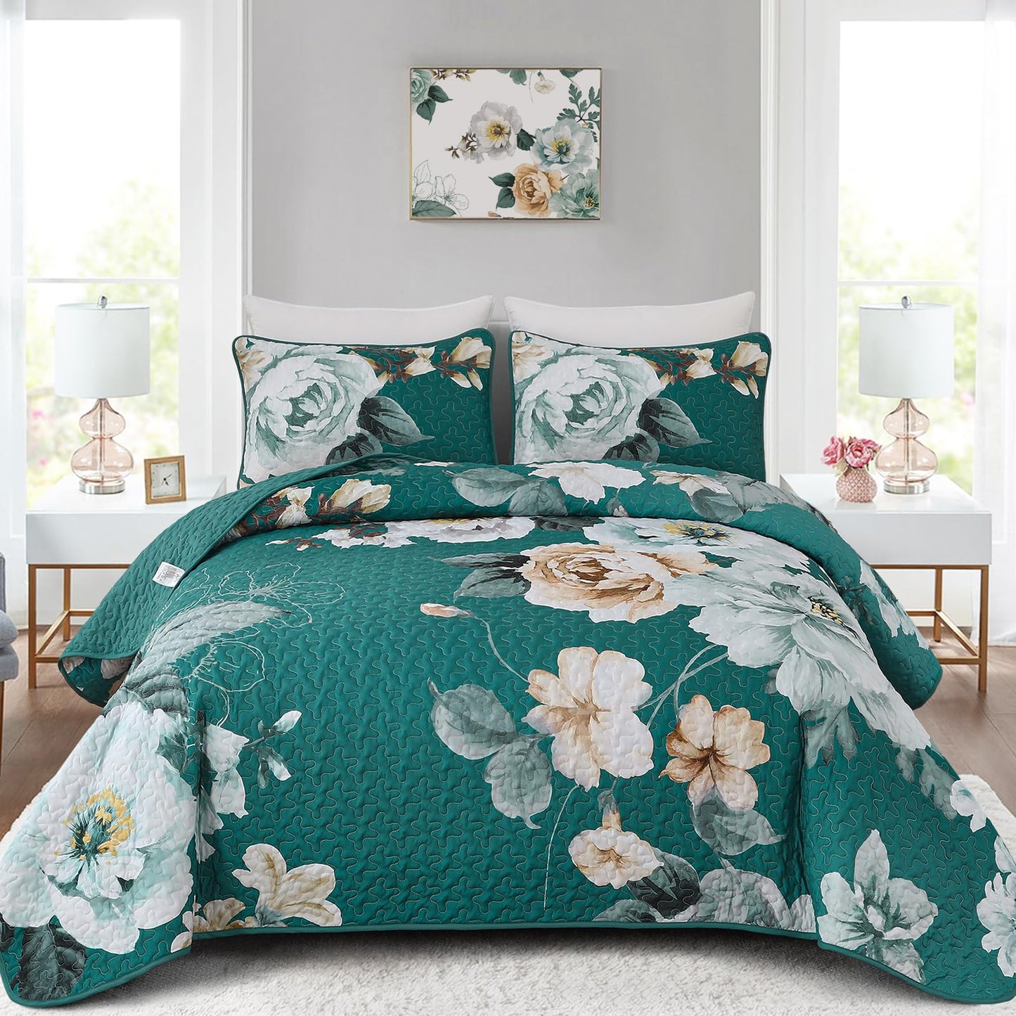 Purple Floral Quilt Set Queen Size, 3 Pieces Botanical Flower Printed