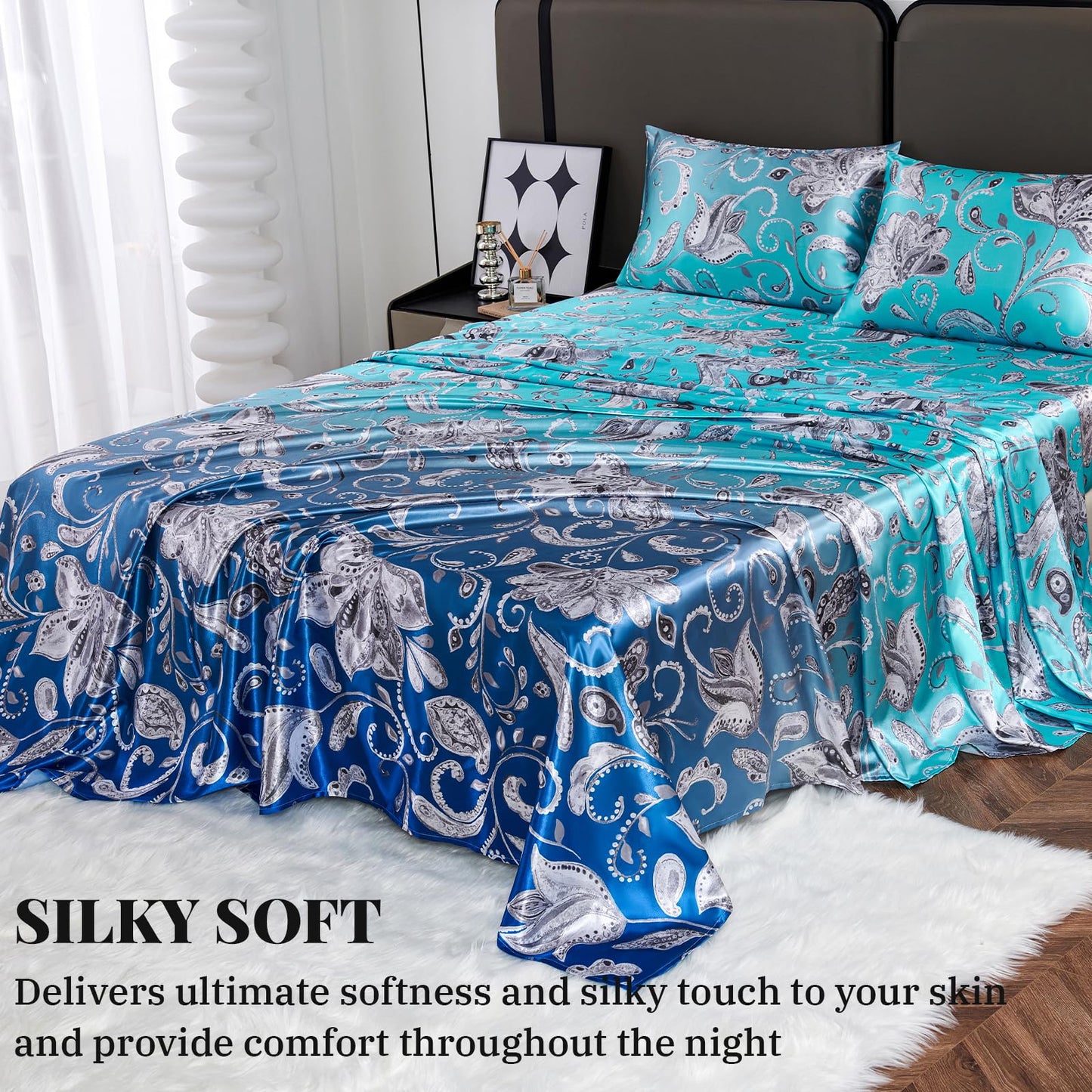 Floral Print - Luxurious Silky Feel Queen Sheet Set - Elegant Smooth Satin Bed Sheets