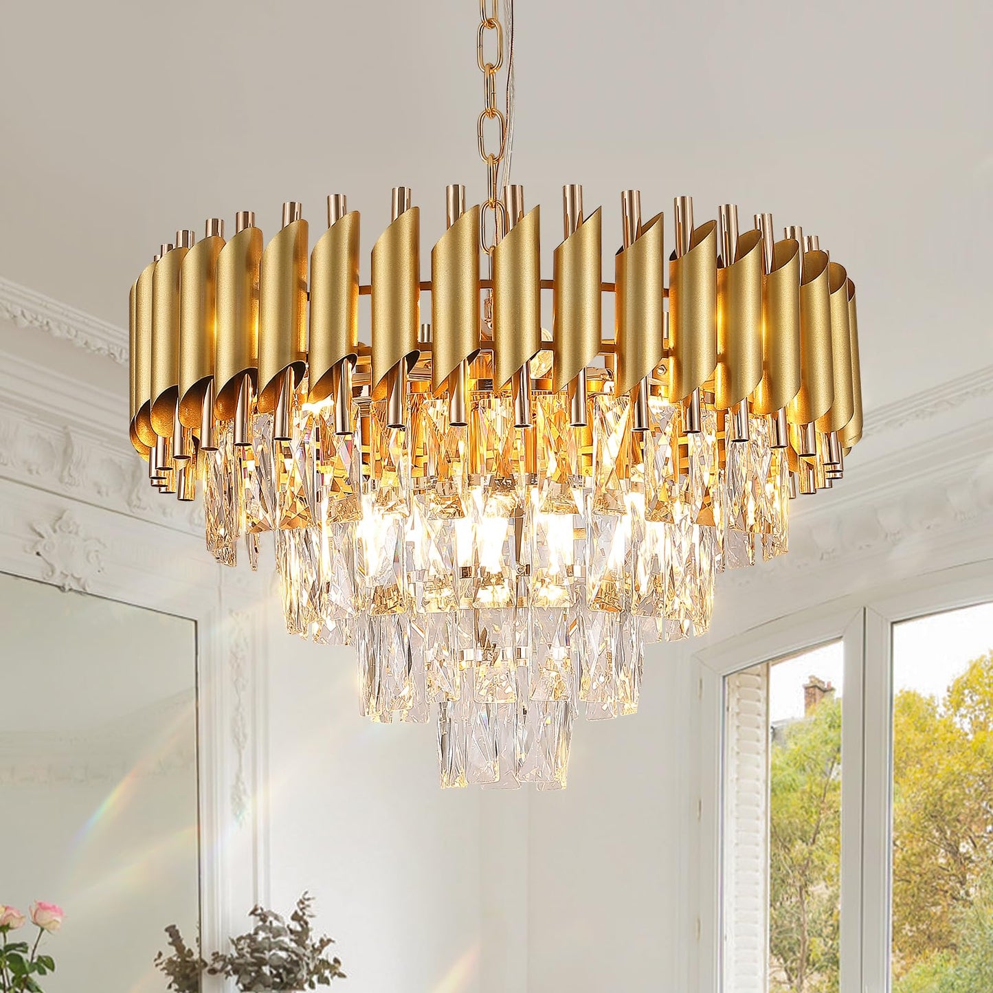 Modern Crystal Chandelier, 20’’ Black and Gold 4 Tiers Crystal