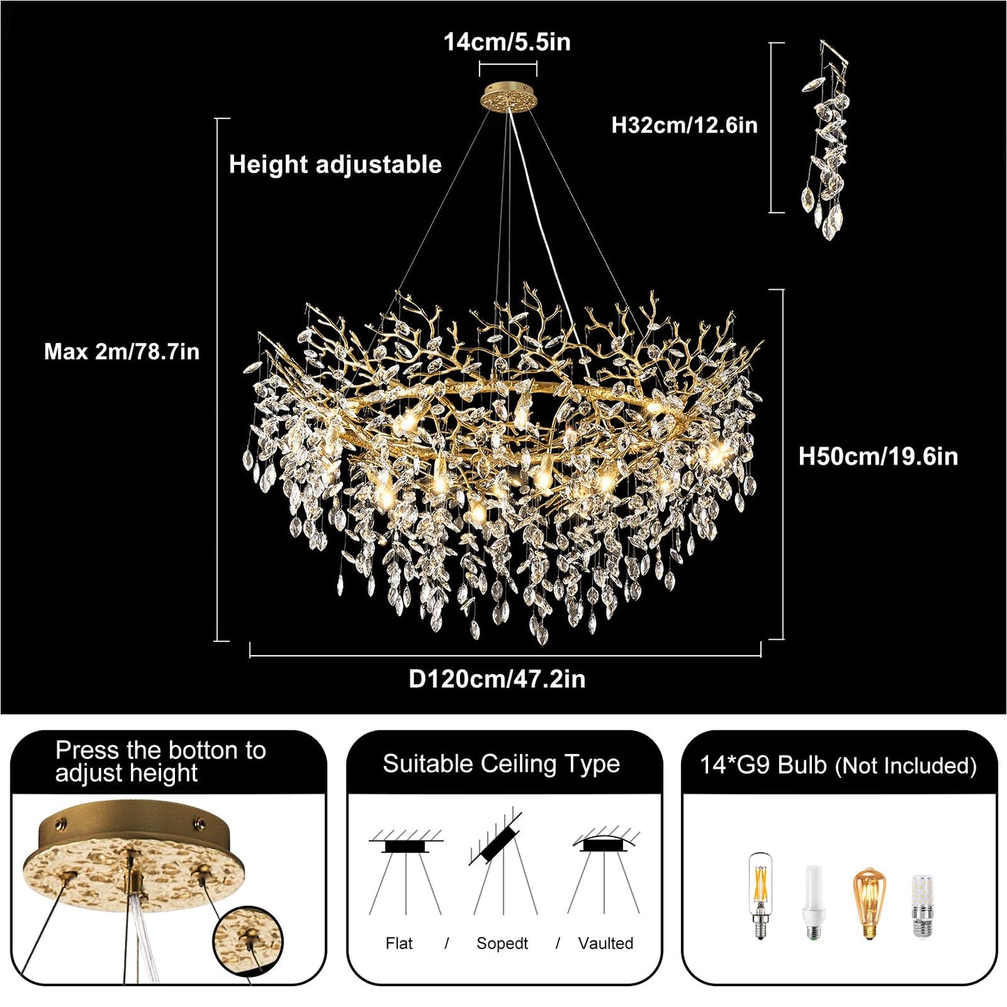 H134'' Modern Crystal Tree Branch Chandelier, Foyer High Ceiling Chandelier