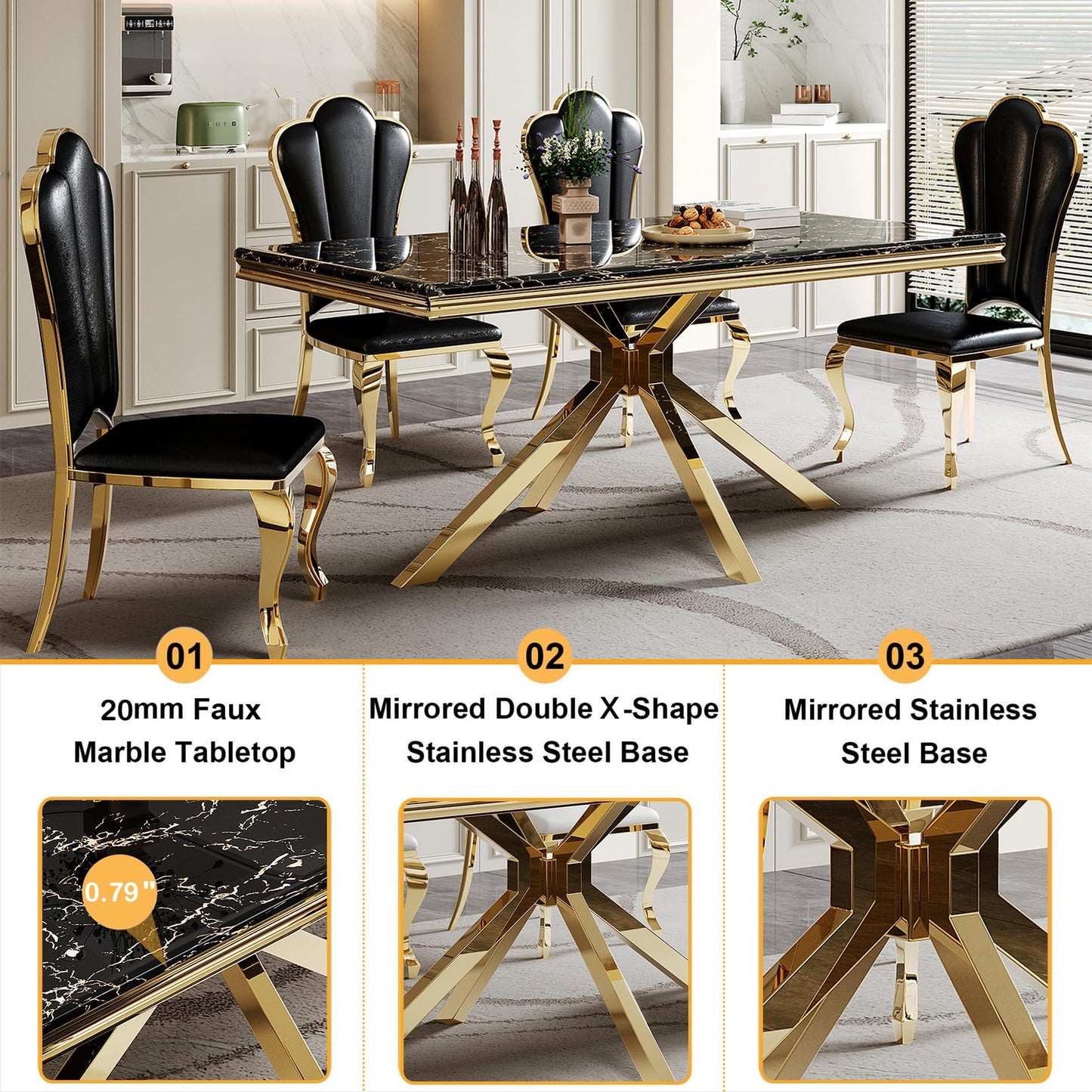 70 Inch White Marble Kitchen Table with Gold Mirrored Cabriole Legs