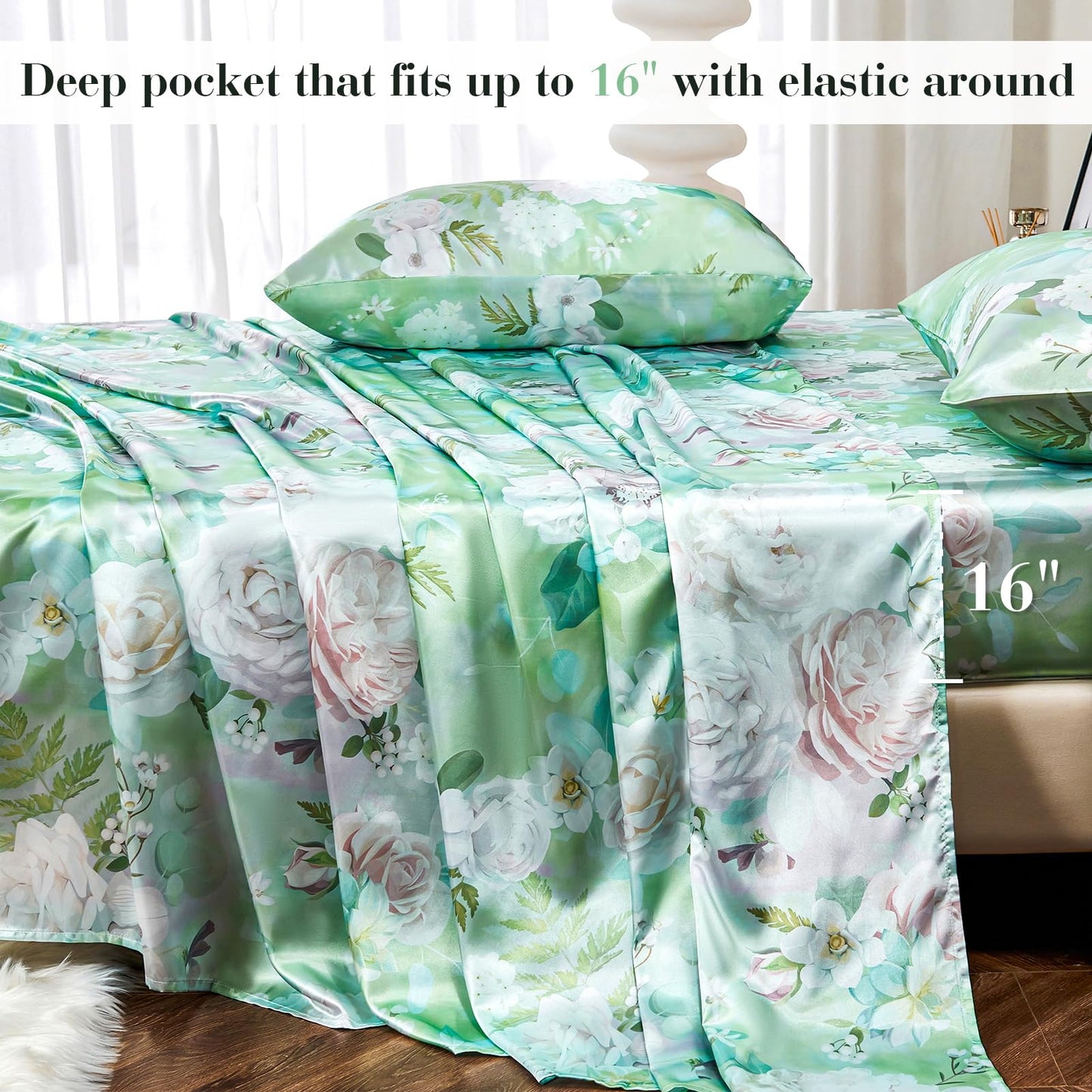 Floral Print - Luxurious Silky Feel Queen Sheet Set - Elegant Smooth Satin Bed Sheets