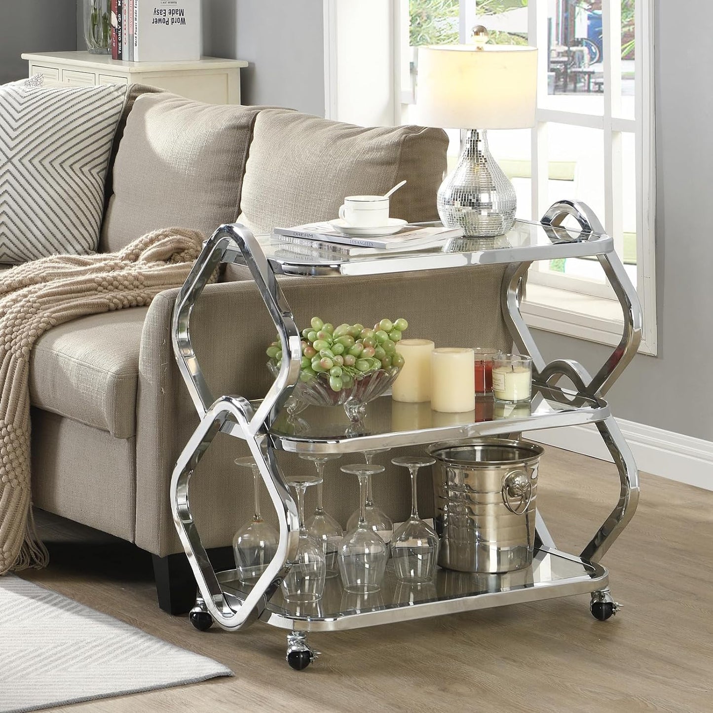 Silver Bar Cart with Wheels Glass Bar Cart for Home Metal Console Table with Storage