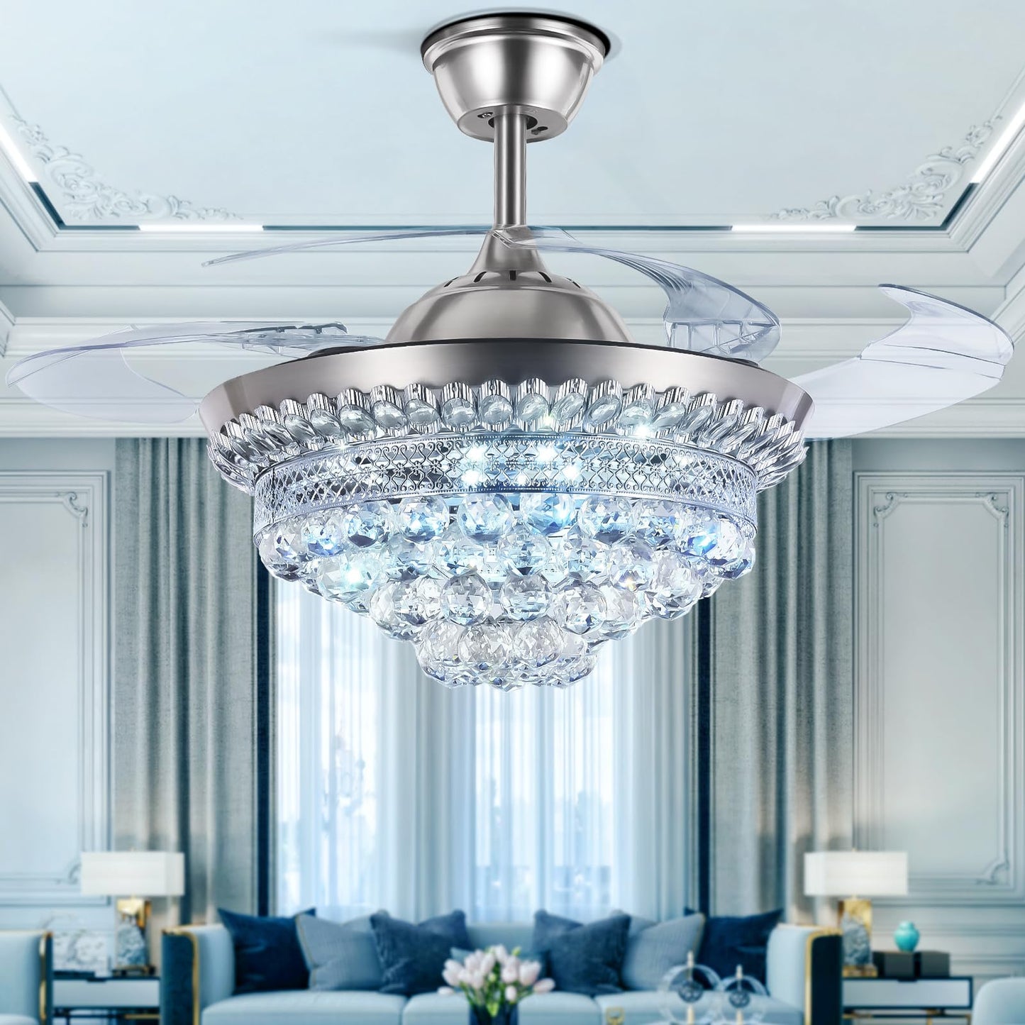 42" Crystal Chandelier Ceiling Fan and Remote, Gold Luxury Fan