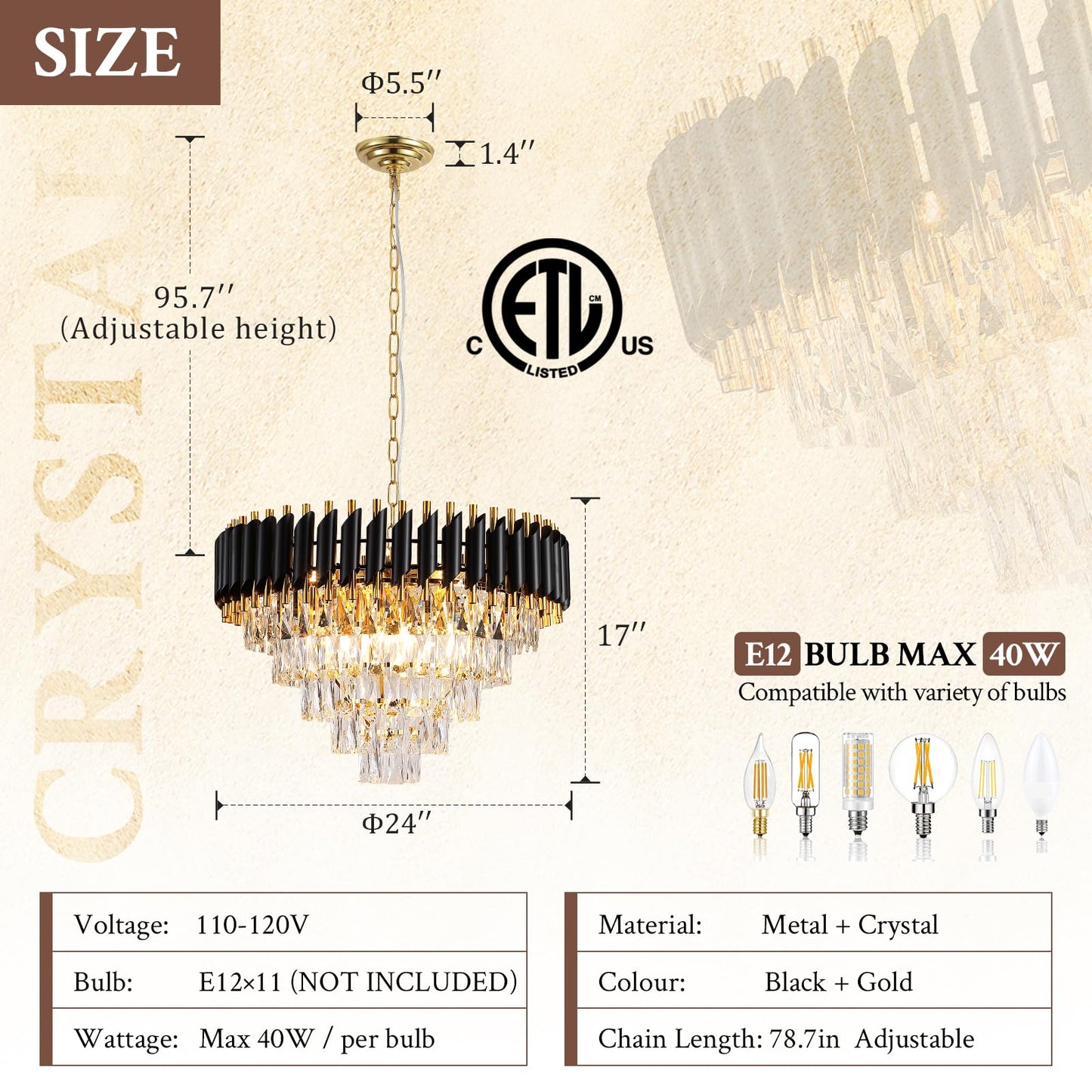 Modern Crystal Chandelier, 20’’ Black and Gold 4 Tiers Crystal