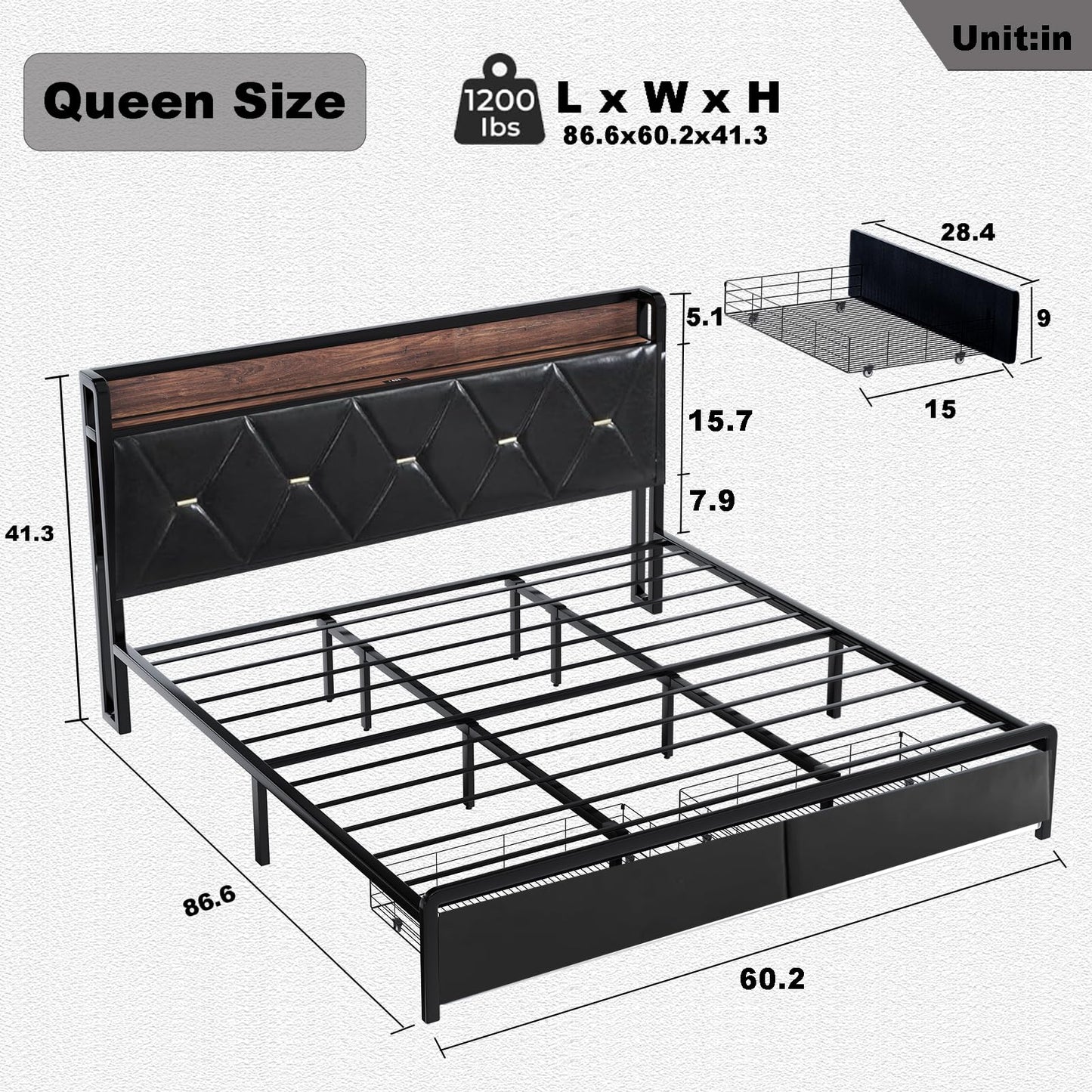 Led King Platform Bed Frame with Faux Leather Storage Headboard