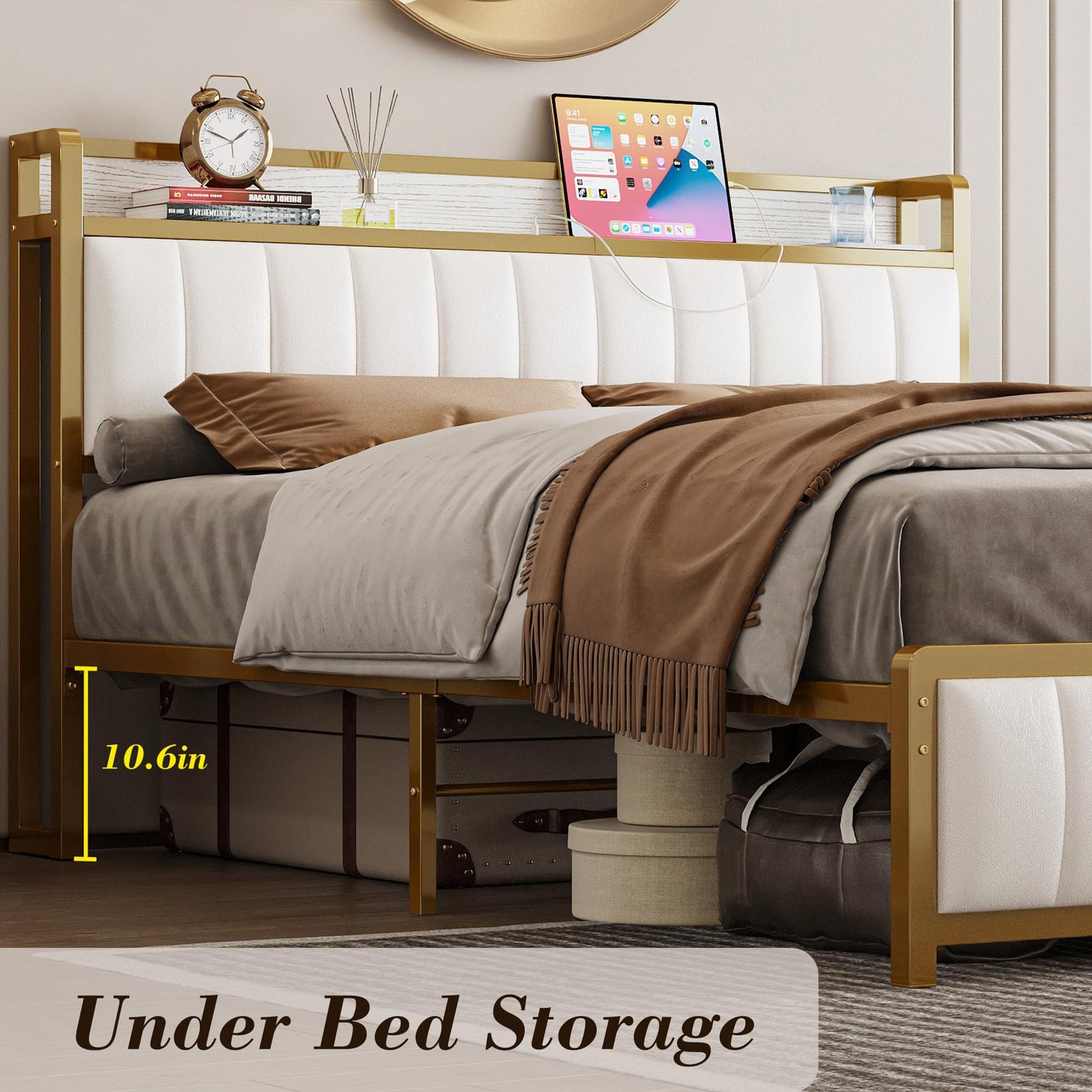 King Bed Frames, Storage Headboard with Charging Station