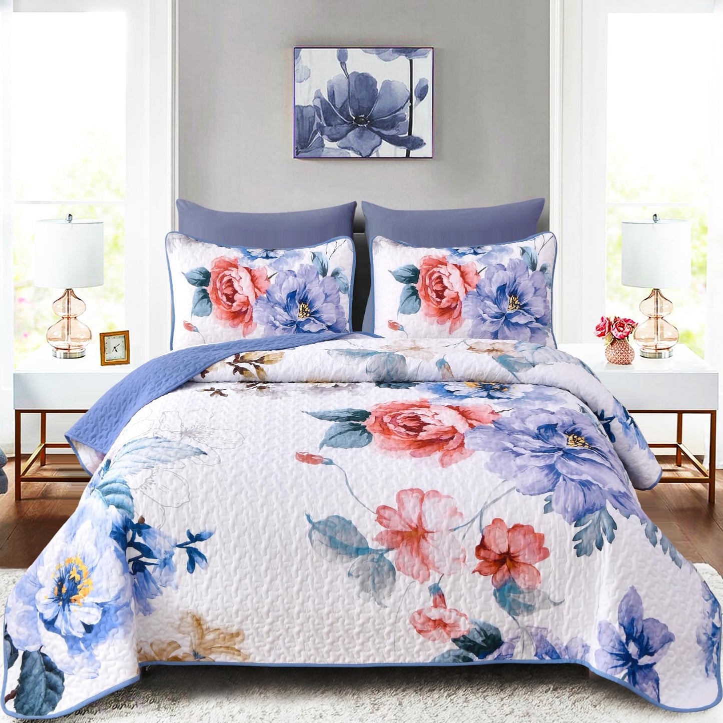 Purple Floral Quilt Set Queen Size, 3 Pieces Botanical Flower Printed