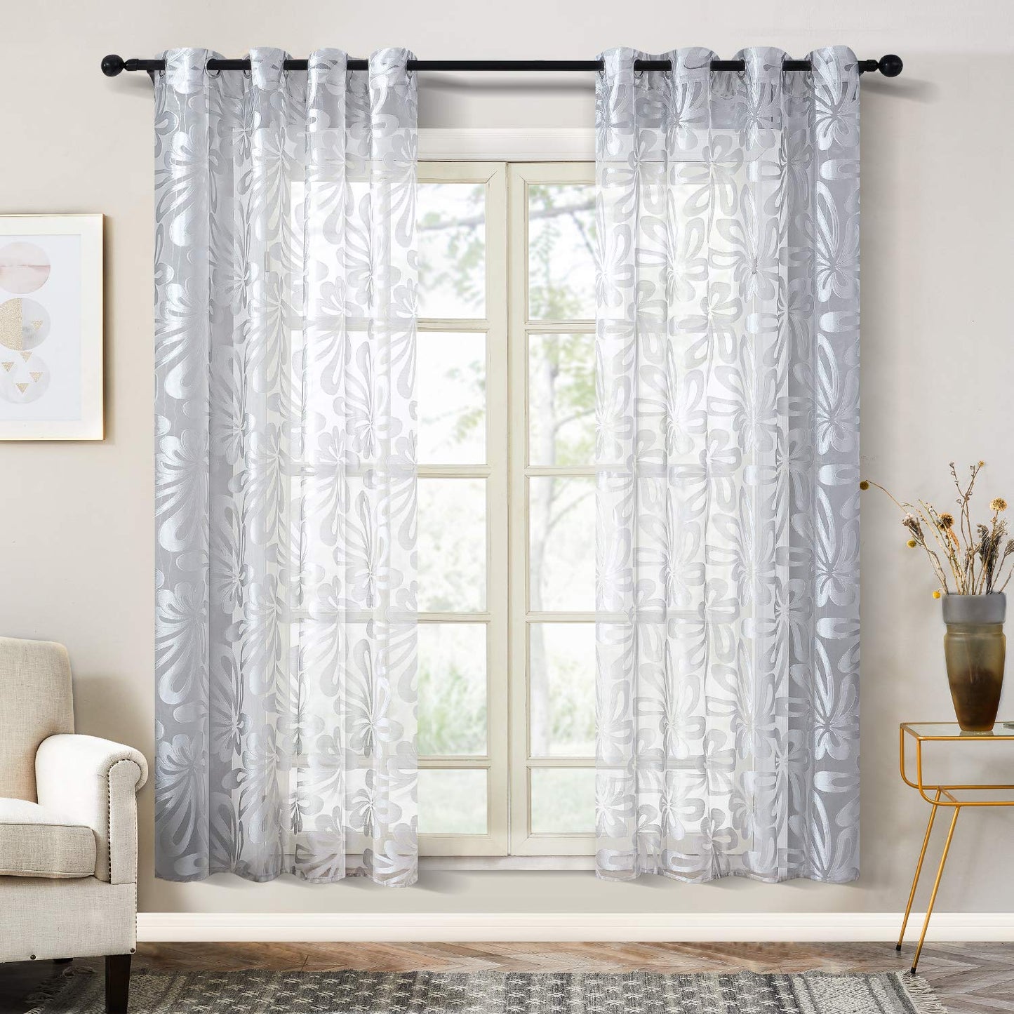 Floral Voile Sheer Curtains 84 Inches Long - Window Treatments 2 Panels