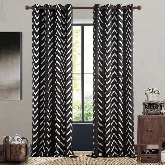 Black and White Pattern Linen Curtains 84 Inch Length 2 Panels