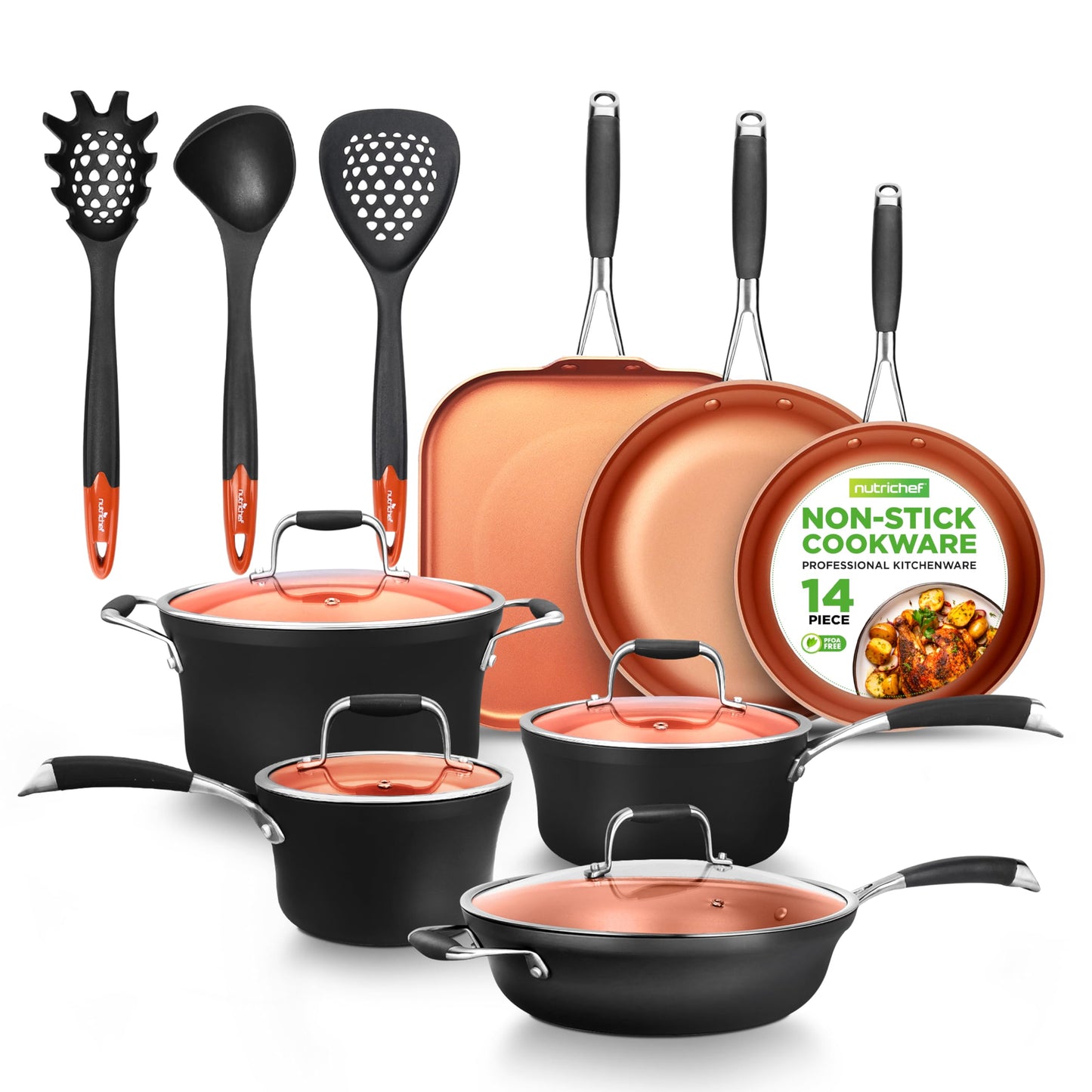 14-Piece Copper Non-Stick Cookware Set - Stackable Pots and Pans with Lids