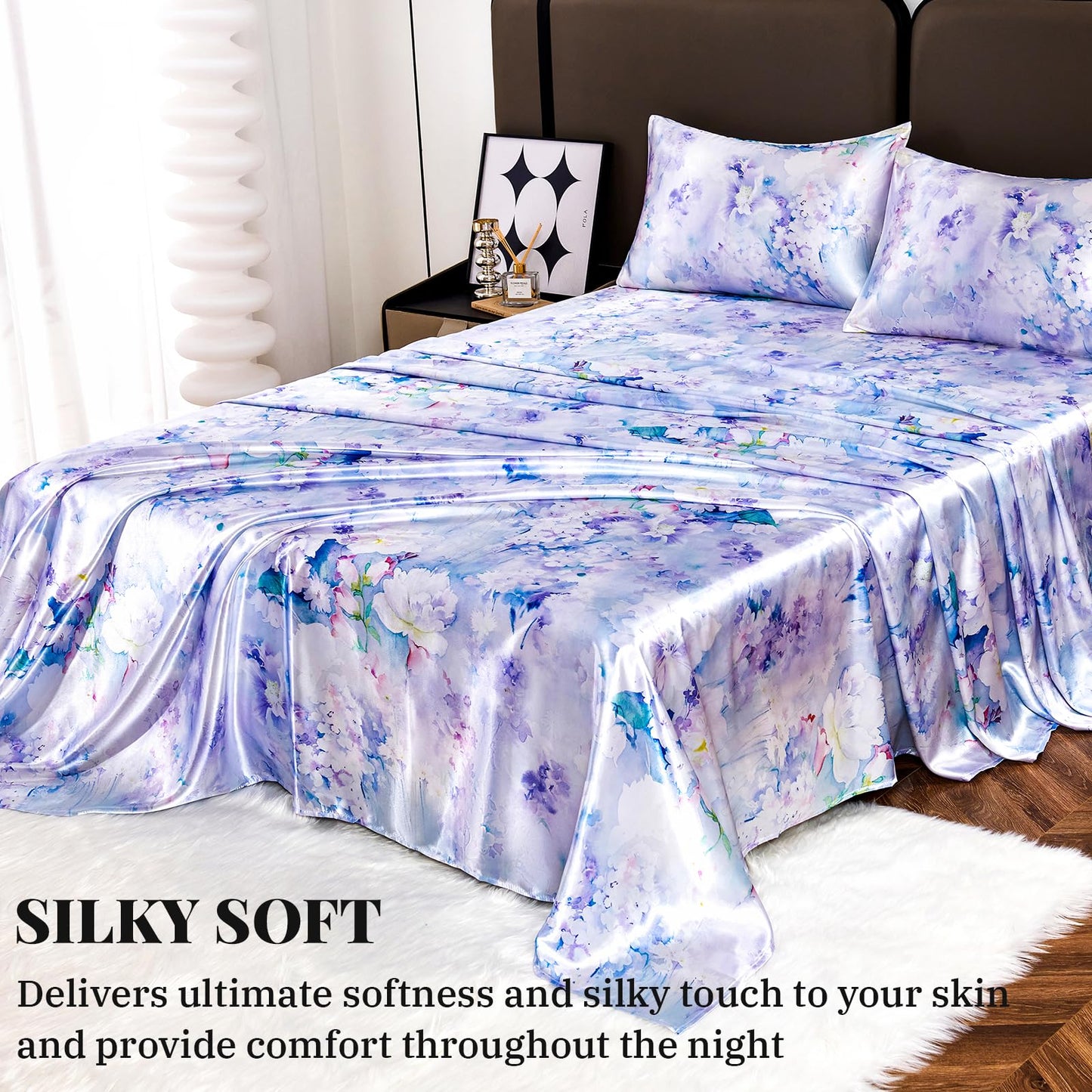 Floral Print - Luxurious Silky Feel Queen Sheet Set - Elegant Smooth Satin Bed Sheets