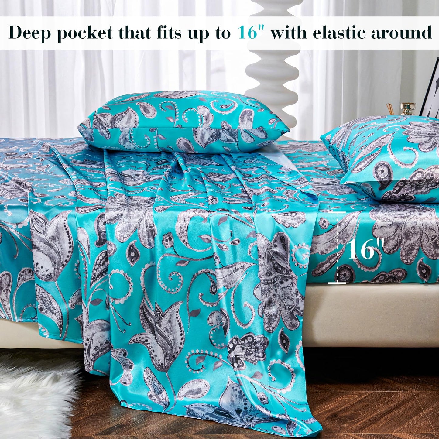 Floral Print - Luxurious Silky Feel Queen Sheet Set - Elegant Smooth Satin Bed Sheets