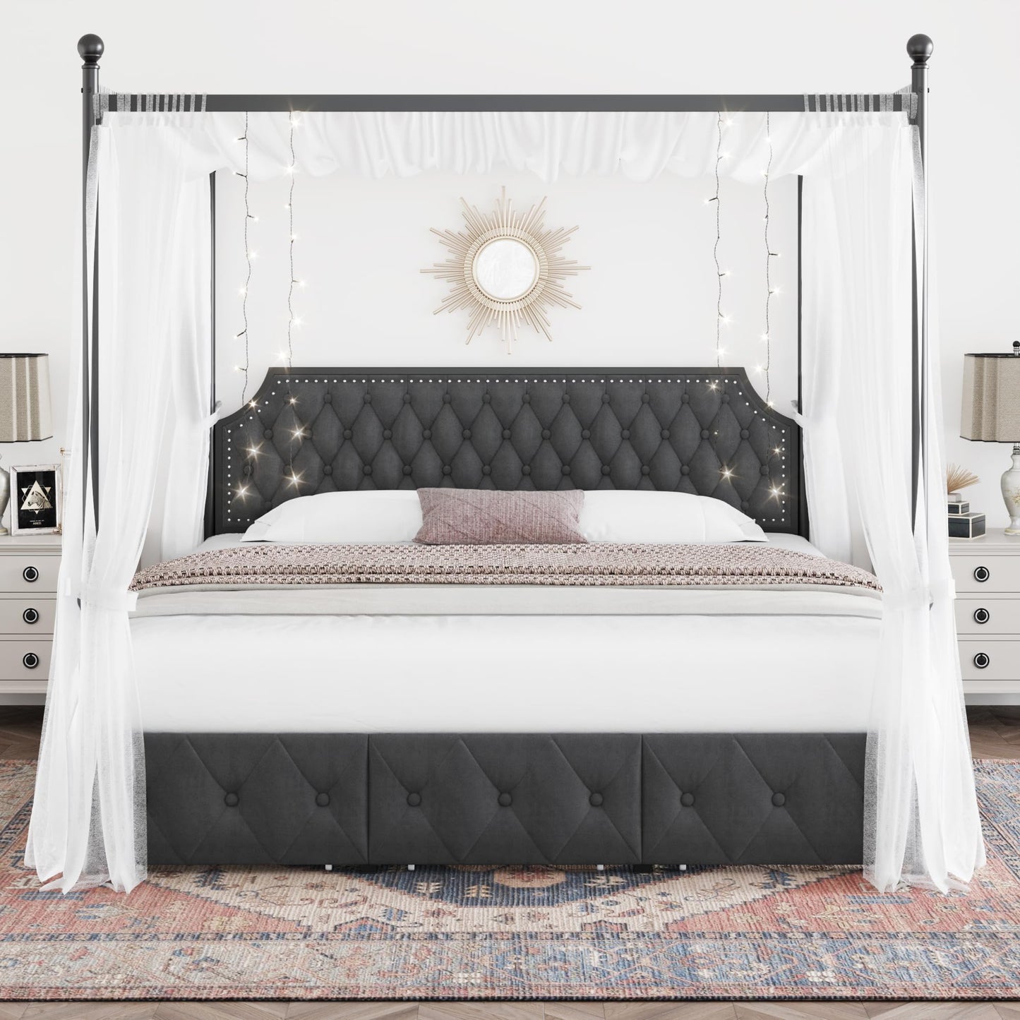 Upholstered Canopy Bed Frame with 2 Drawer and Button Tufted Headboard