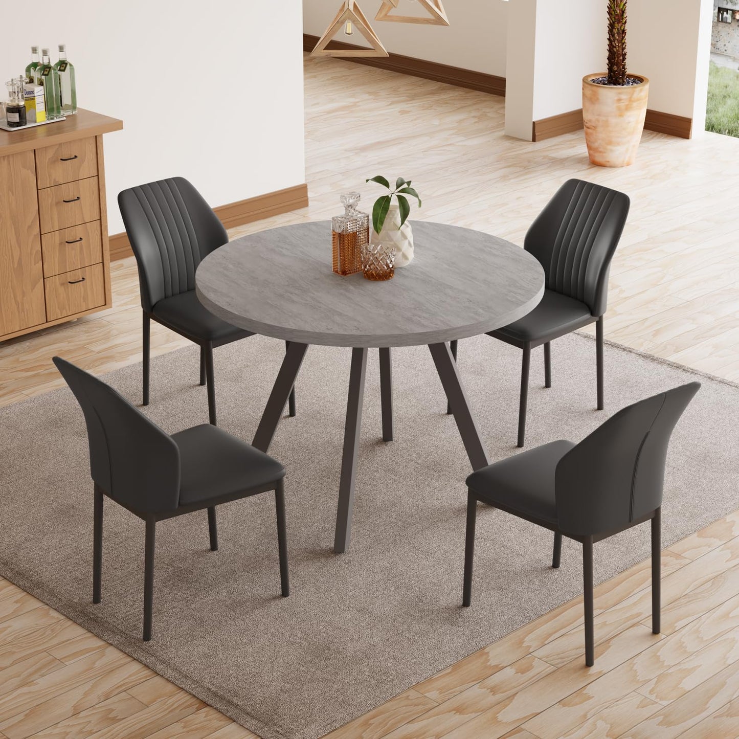 Round Dining Table Set for 4,  (Dining Table + 4 Black Chairs)