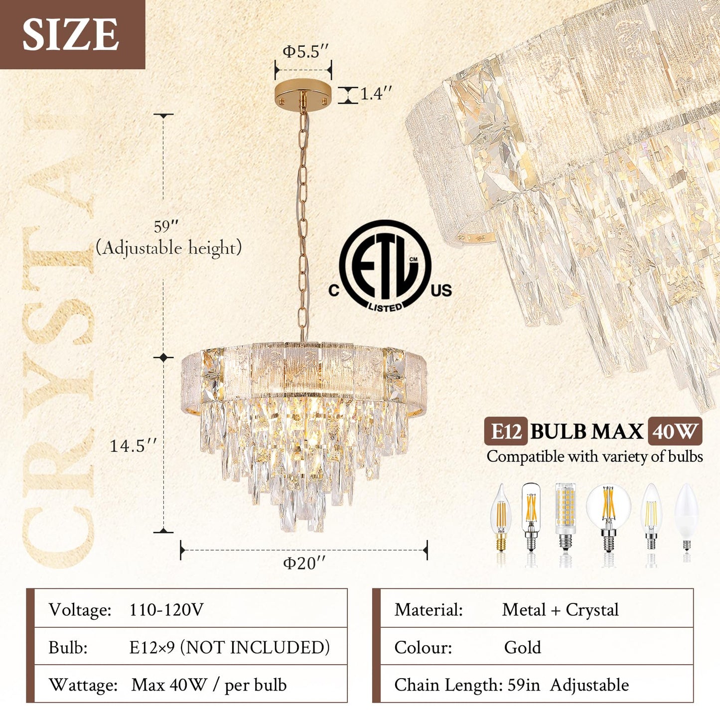 Modern Crystal Chandelier, 20’’ Black and Gold 4 Tiers Crystal